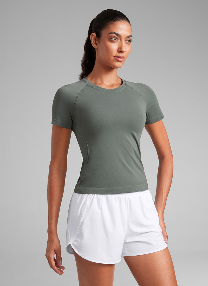 Seamless Crewneck Short Sleeve Shirts Waist Length
