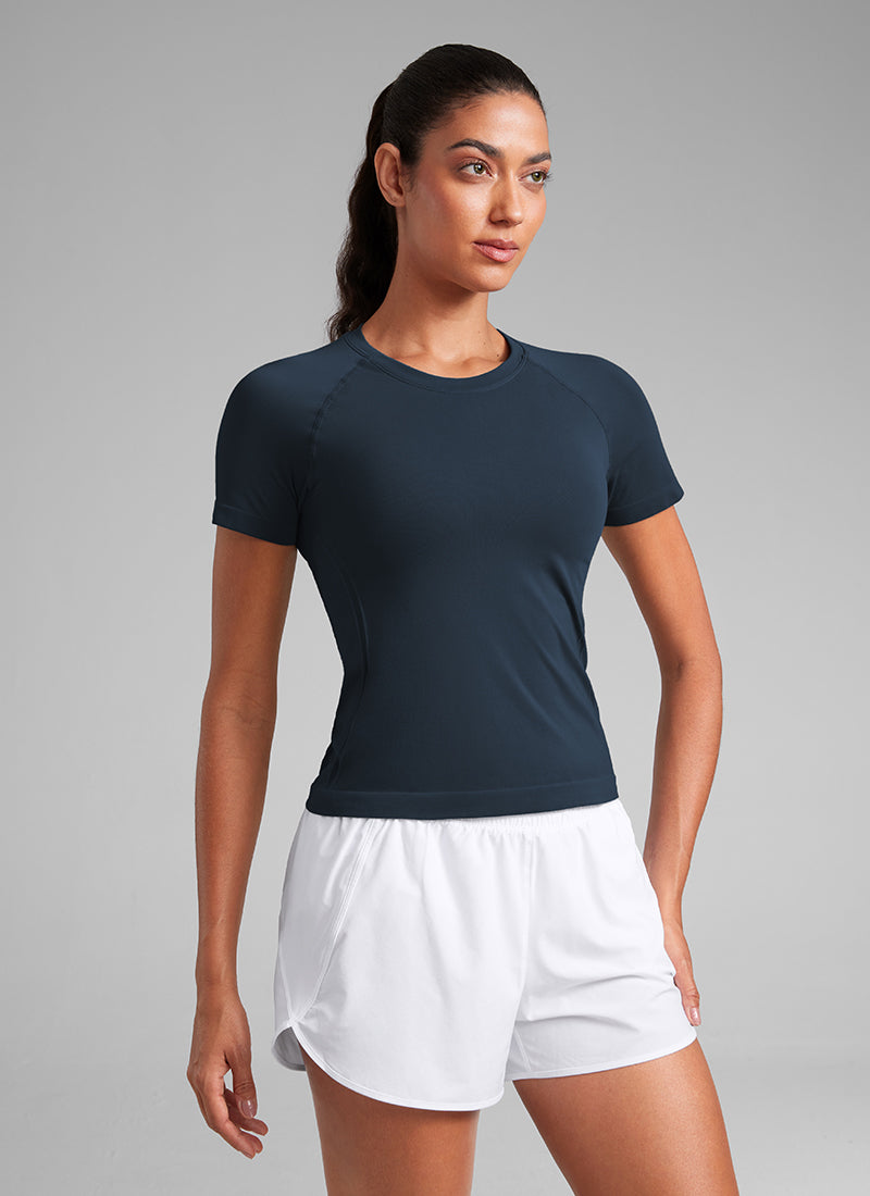 Seamless Crewneck Short Sleeve Shirts Waist Length