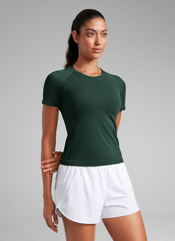CRZ YOGA Women's Training Classic Fit Shirts Seamless Short Sleeves Green Palm Court