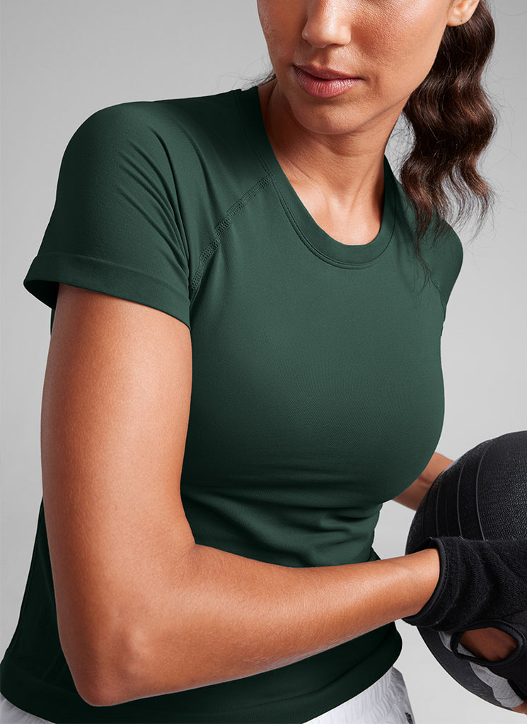 CRZ YOGA Women's Training Classic Fit Shirts Seamless Short Sleeves Green Palm Court