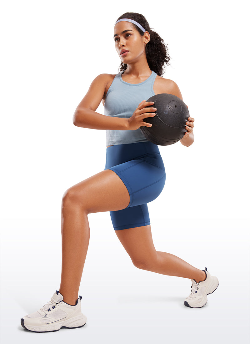 CRZ YOGA Women's Run High Rise Biker Nakedfeel Light Pocket Shorts 6'' Pitch Blue