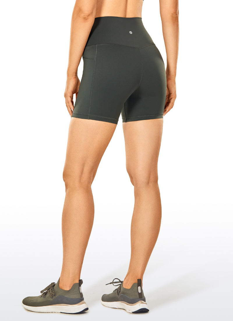 CRZ YOGA Women's Train High Rise Biker Nakedfeel Pocket Shorts 5'' Grey Olive