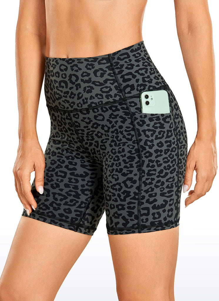 CRZ YOGA Women's Train High Rise Biker Nakedfeel Pocket Shorts 6'' Leopard Printed 1
