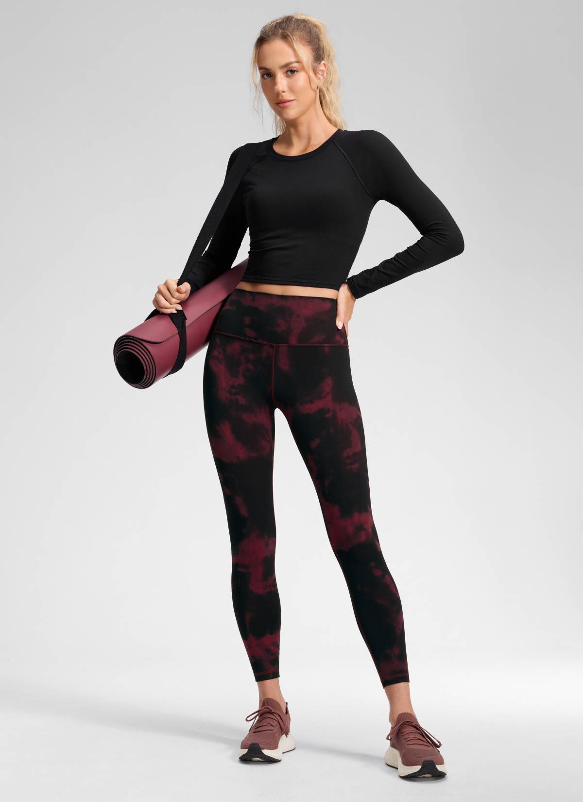 CRZ YOGA Women's Yoga Lounge High Rise Butterluxe Yoga Leggings 25'' Burgundy Tie Dye Flowers @model_info:Anna