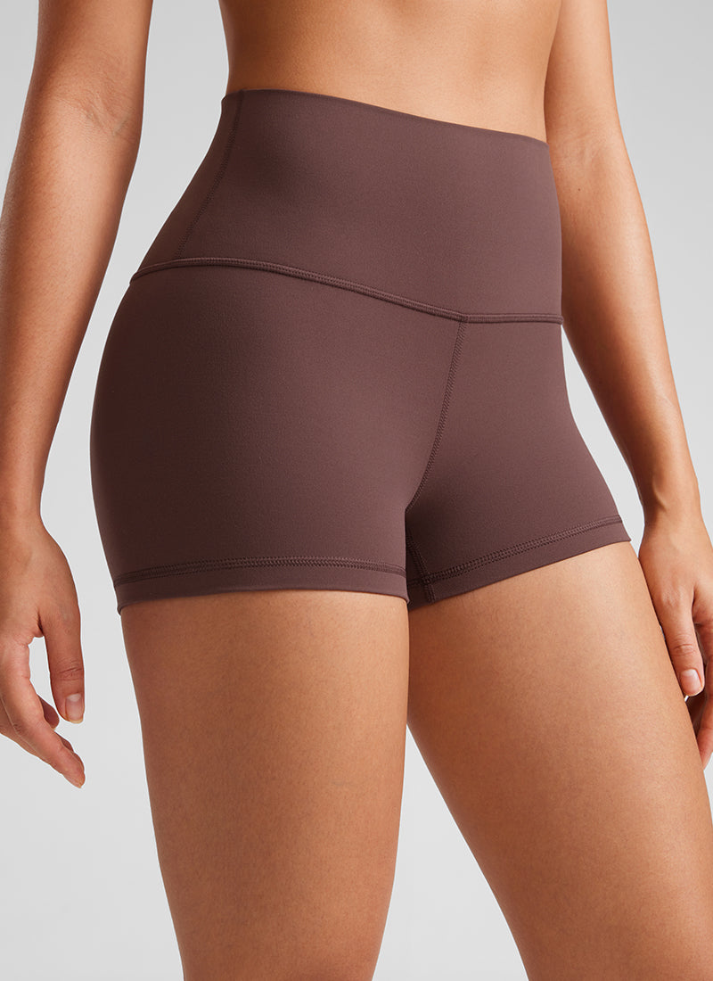 CRZ YOGA Women's Yoga High Rise Booty Butterluxe Biker Shorts 2.5'' Taupe @model_info:Fiona