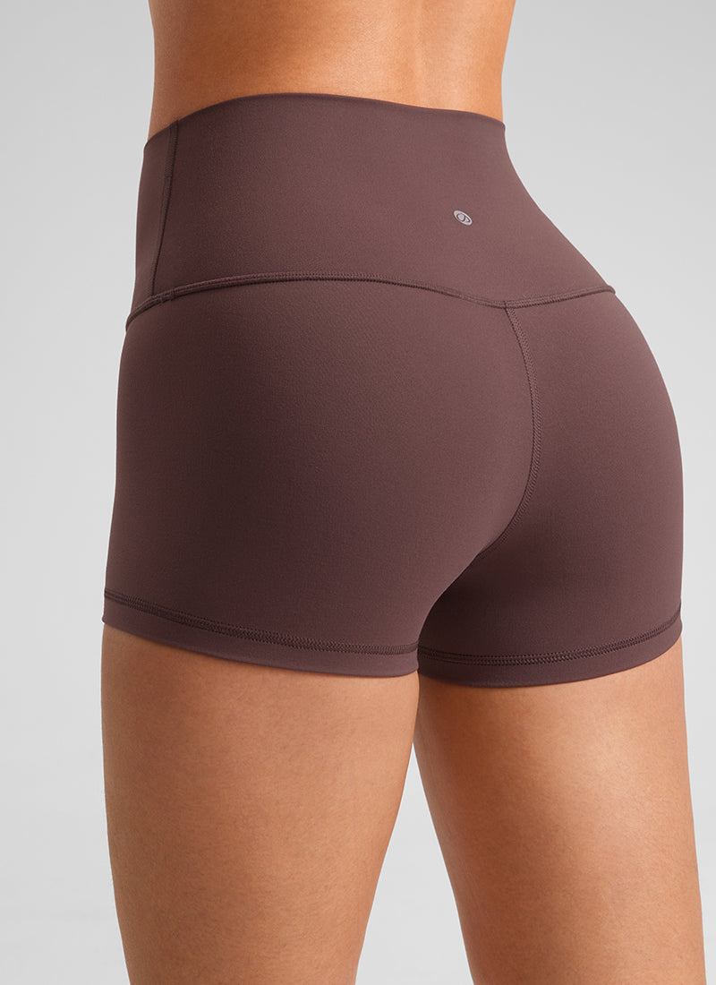 CRZ YOGA Women's Yoga High Rise Booty Butterluxe Biker Shorts 2.5'' Taupe @model_info:Fiona