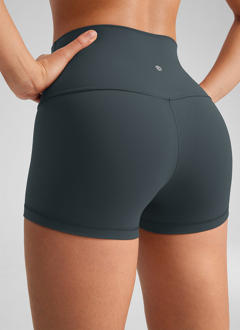 CRZ YOGA Women's Yoga High Rise Booty Butterluxe Biker Shorts 2.5'' Dark Green @model_info:Fiona