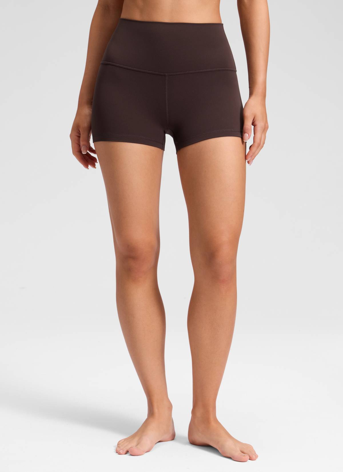 CRZ YOGA Women's Yoga High Rise Booty Butterluxe Biker Shorts 2.5'' Hot Fudge Brown @model_info:Milena