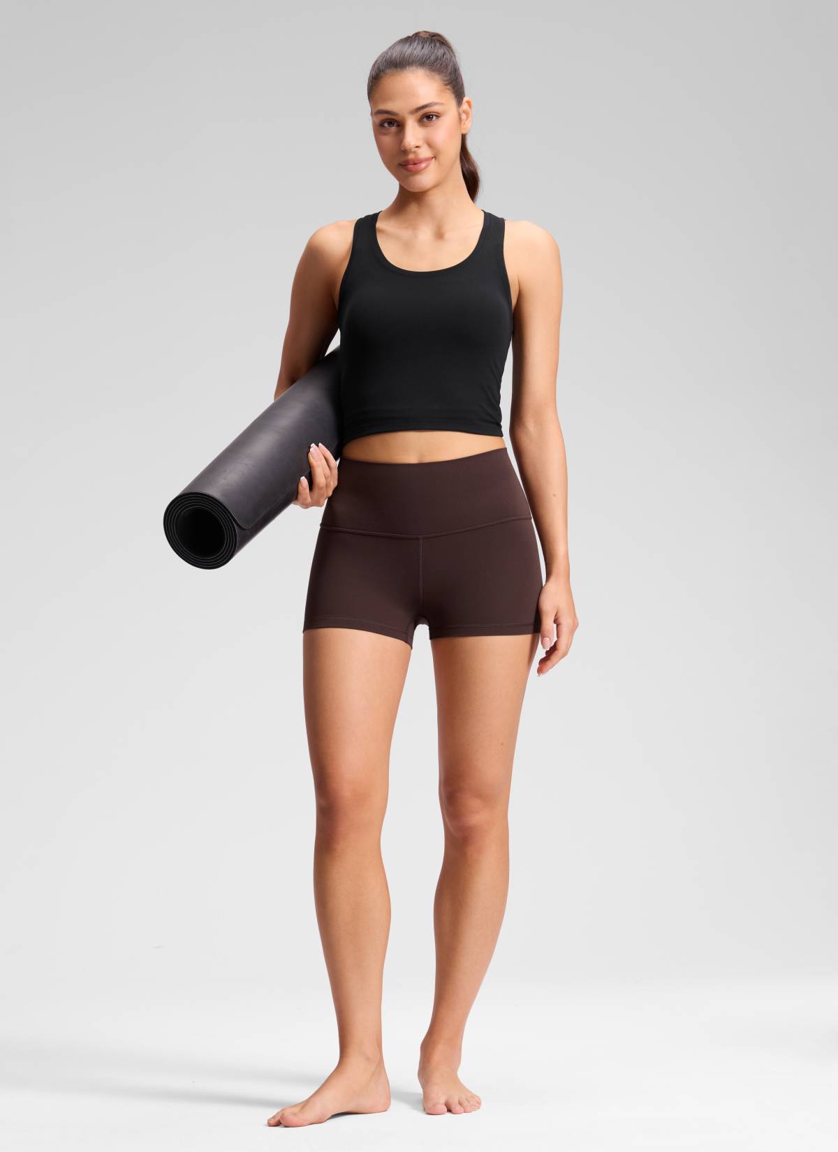CRZ YOGA Women's Yoga High Rise Booty Butterluxe Biker Shorts 2.5'' Hot Fudge Brown @model_info:Milena