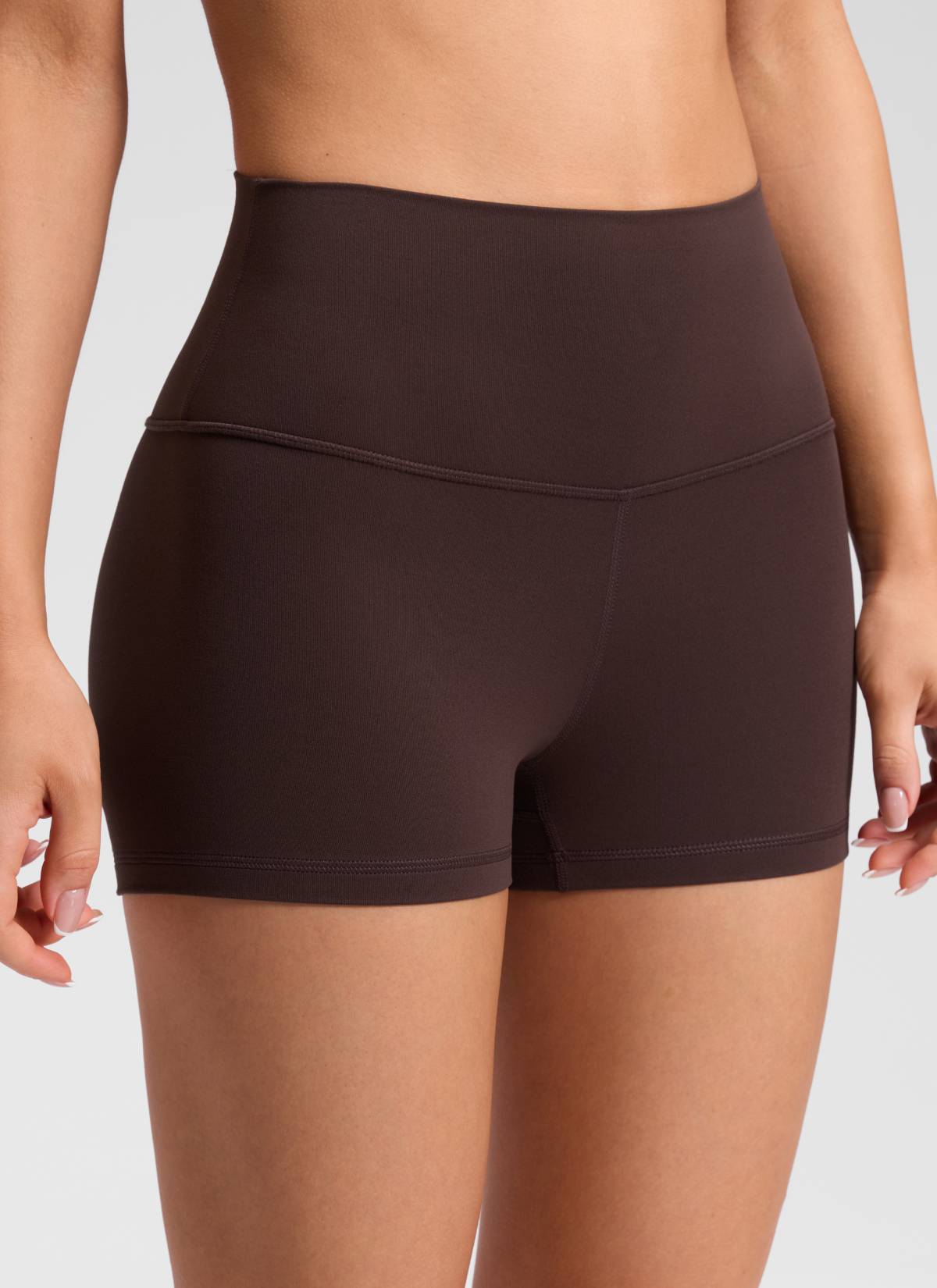 CRZ YOGA Women's Yoga High Rise Booty Butterluxe Biker Shorts 2.5'' Hot Fudge Brown @model_info:Milena