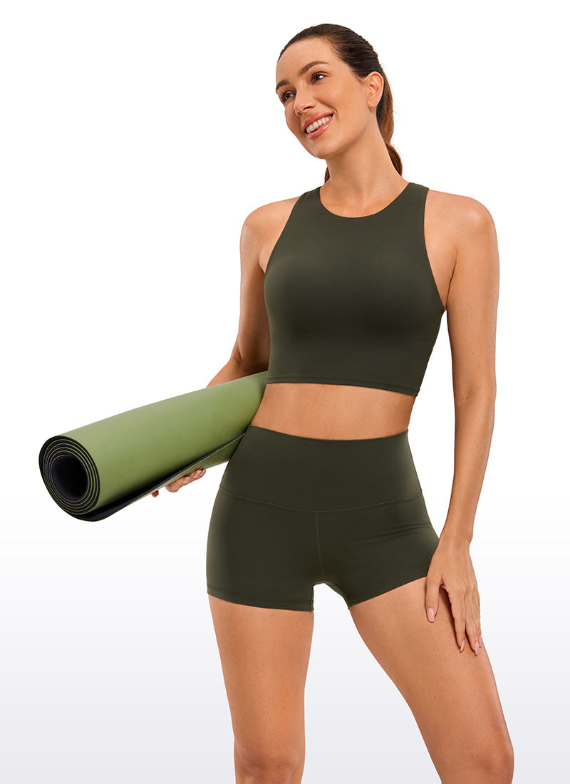CRZ YOGA Women's Yoga High Rise Booty Butterluxe Biker Shorts 2.5'' Olive Green @model_info:Deni