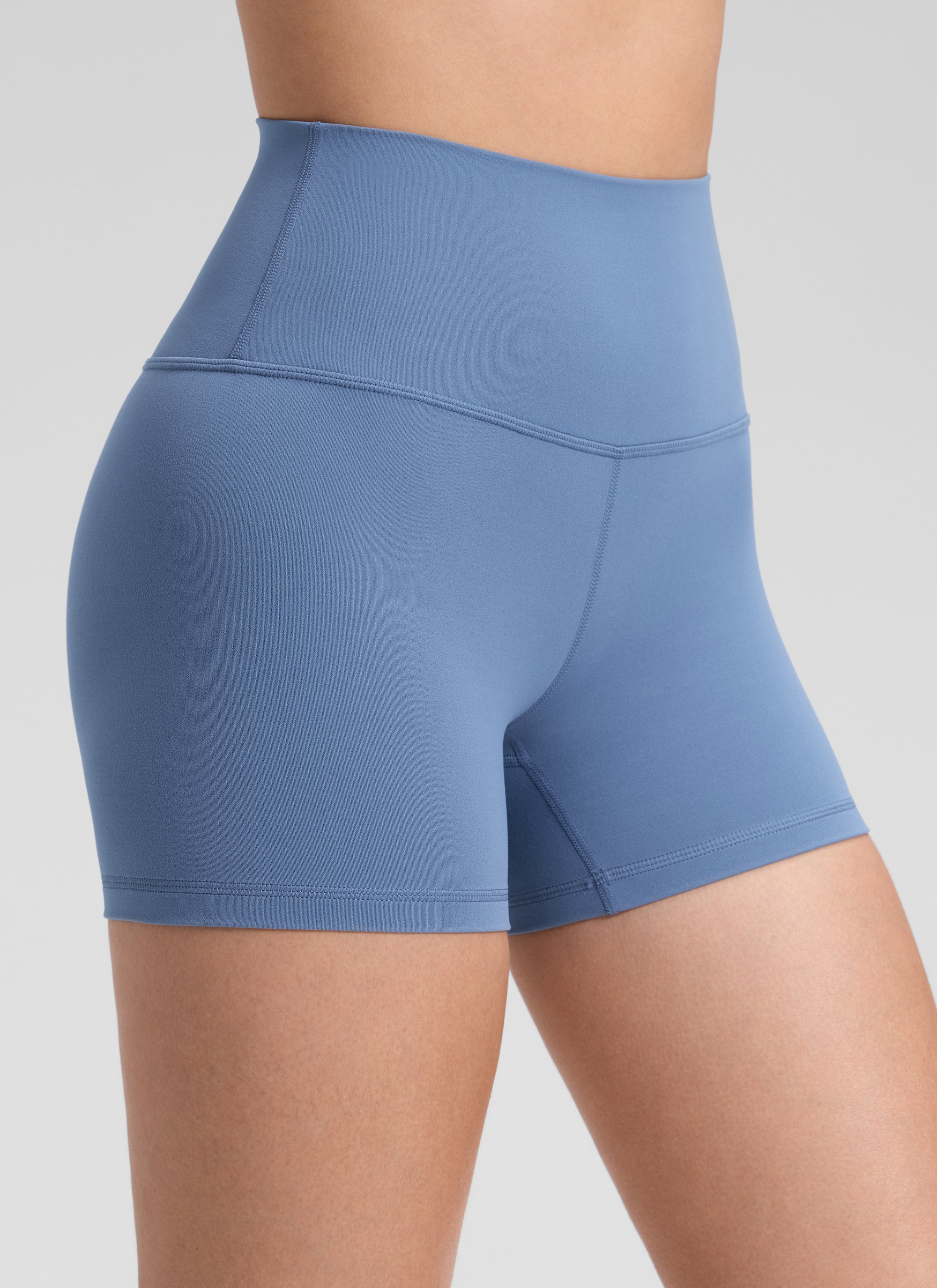 CRZ YOGA Women's Yoga High Rise Biker Shorts Butterluxe Shorts 4'' Oasis Blue @model_info:Bruna