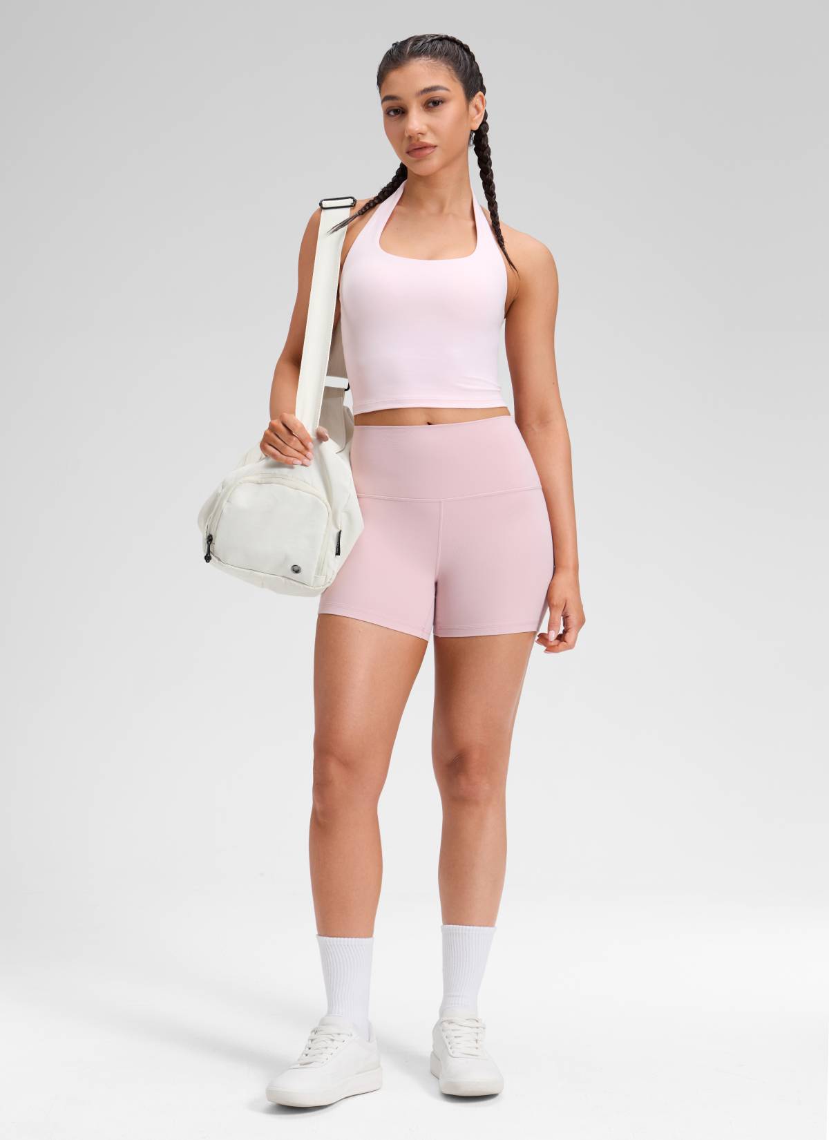 CRZ YOGA Women's Yoga High Rise Biker Shorts Butterluxe Shorts 4'' Pink Haze @model_info:Mariana