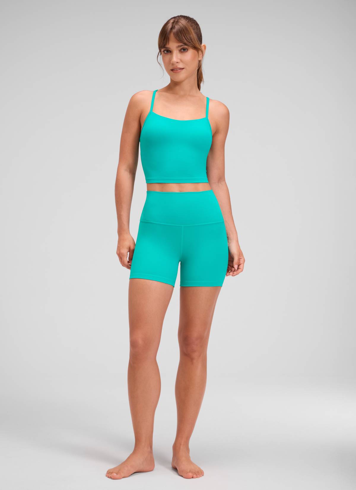 CRZ YOGA Women's Yoga High Rise Biker Shorts Butterluxe Shorts 4'' Tropics Teal @model_info:Aline