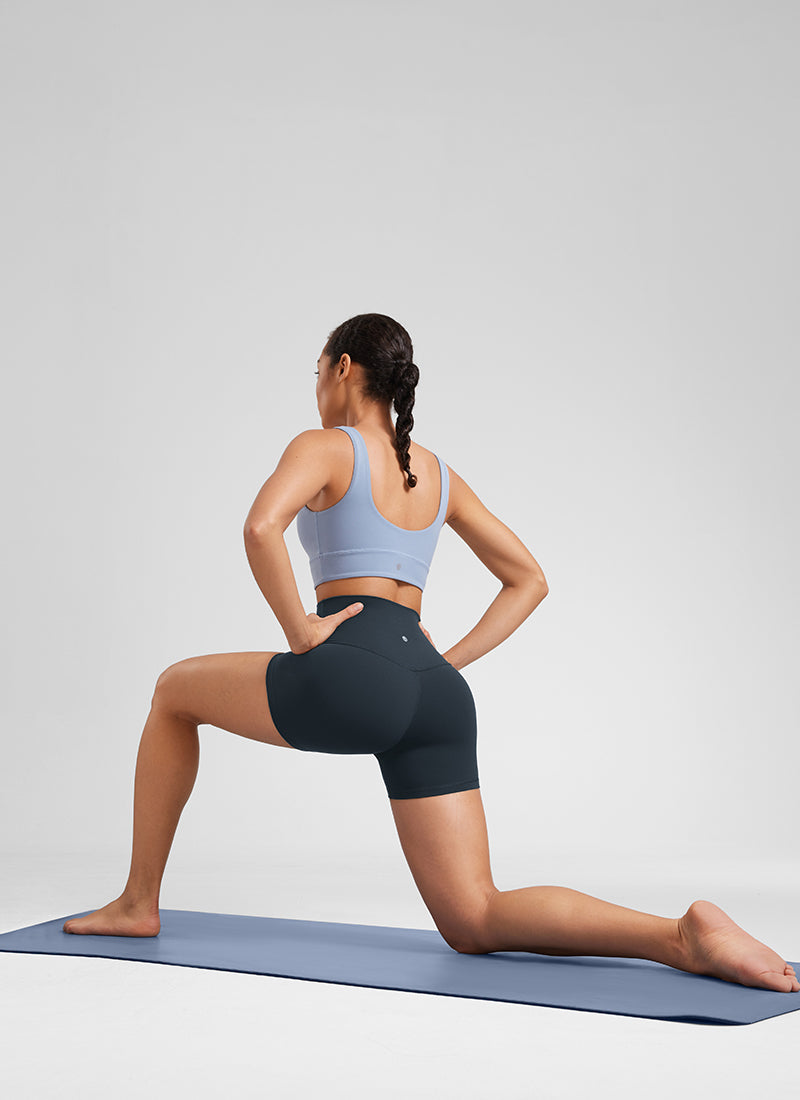 CRZ YOGA Women's Yoga High Rise Biker Shorts Butterluxe Shorts 4'' True Navy @model_info:Fiona