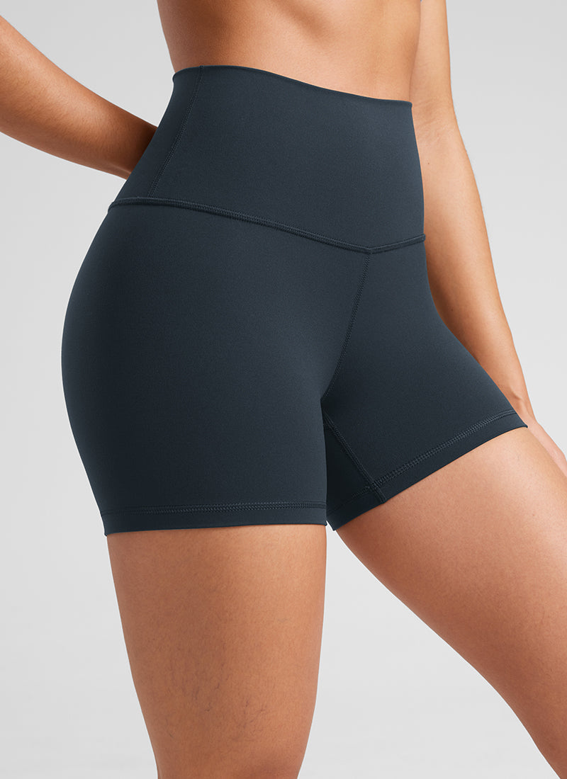 CRZ YOGA Women's Yoga High Rise Biker Shorts Butterluxe Shorts 4'' True Navy @model_info:Fiona