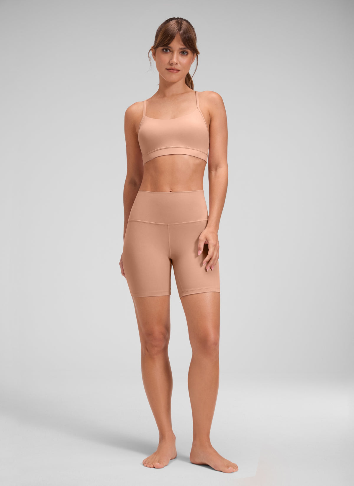 CRZ YOGA Women's Yoga High Rise Biker Shorts Butterluxe Shorts 6'' Mocha Mousse @model_info:Aline
