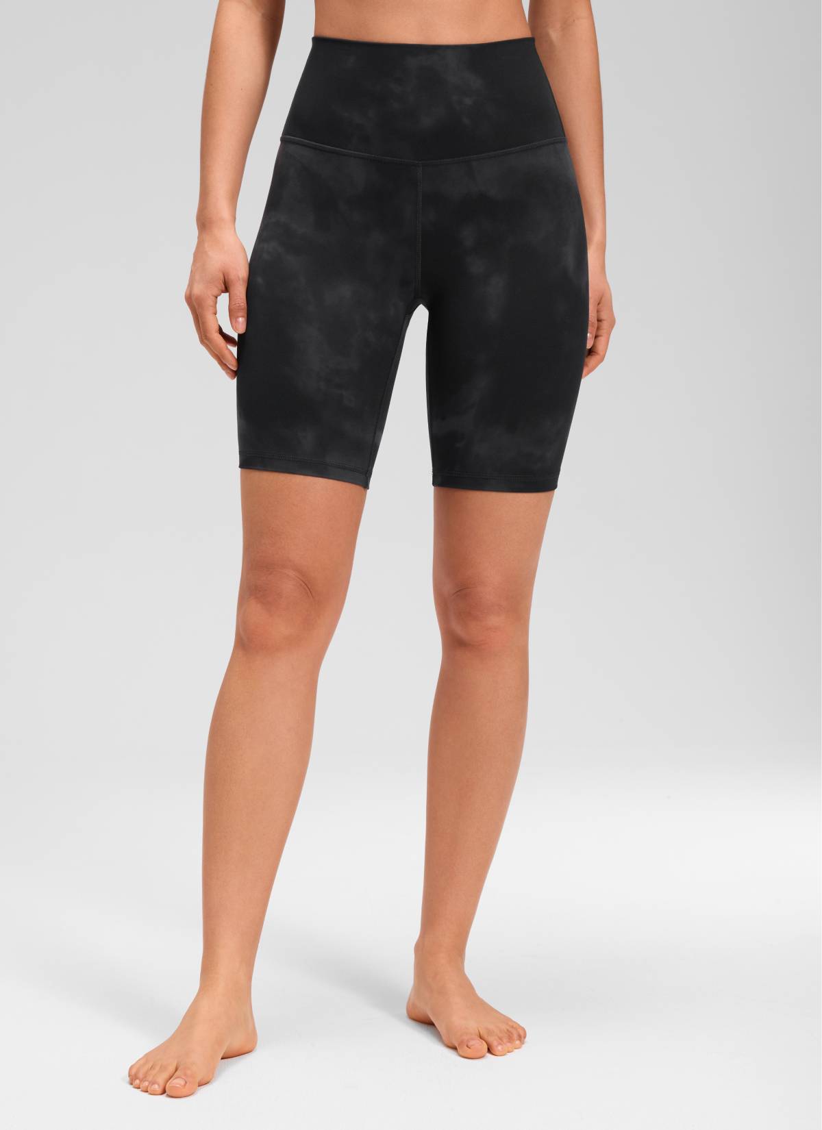 CRZ YOGA Women's Yoga High Rise Butterluxe Long Biker Shorts 8'' Black Tie Dye Flowers @model_info:Larissa