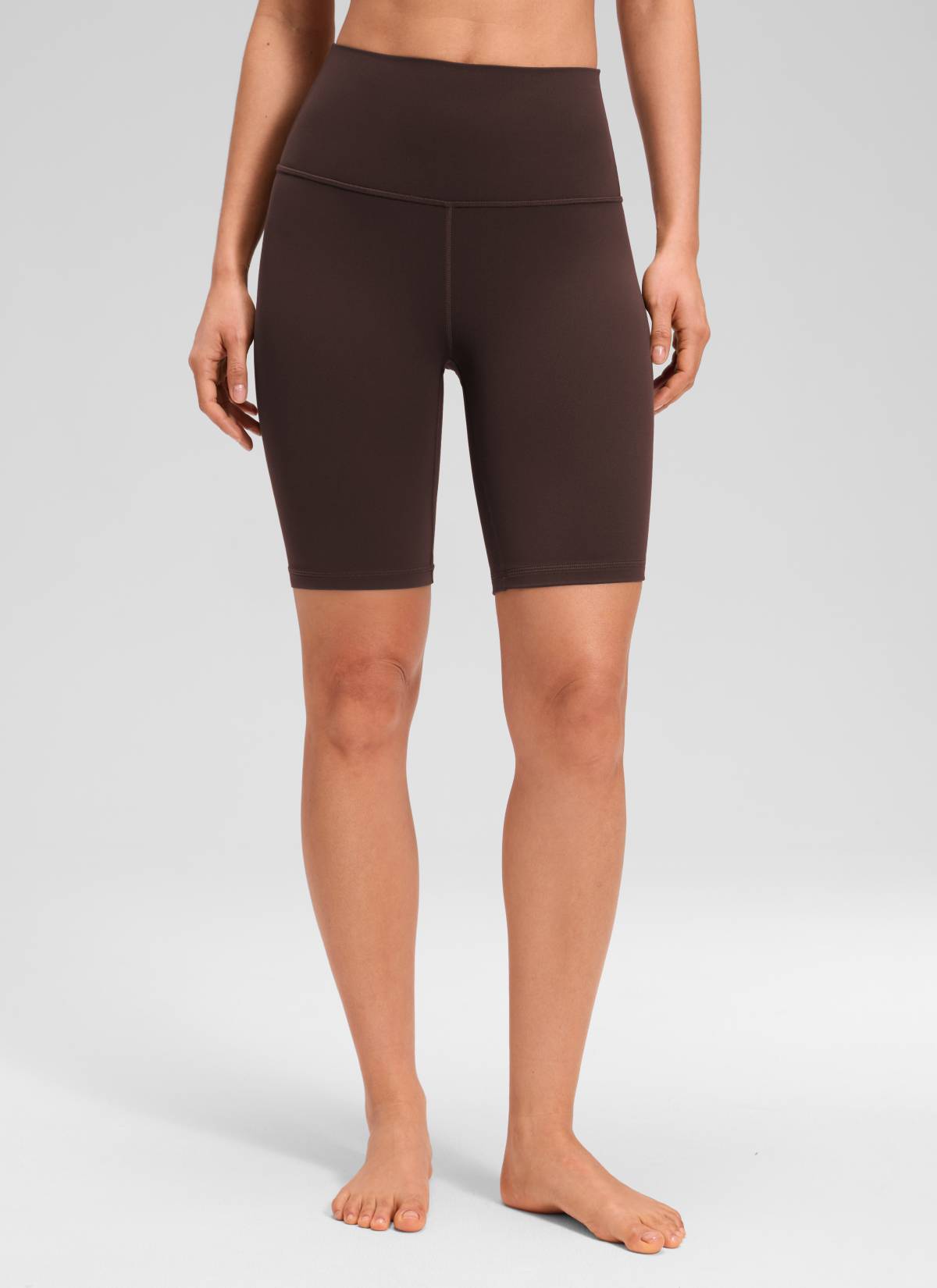 CRZ YOGA Women's Yoga High Rise Butterluxe Long Biker Shorts 8'' Hot Fudge Brown @model_info:Larissa