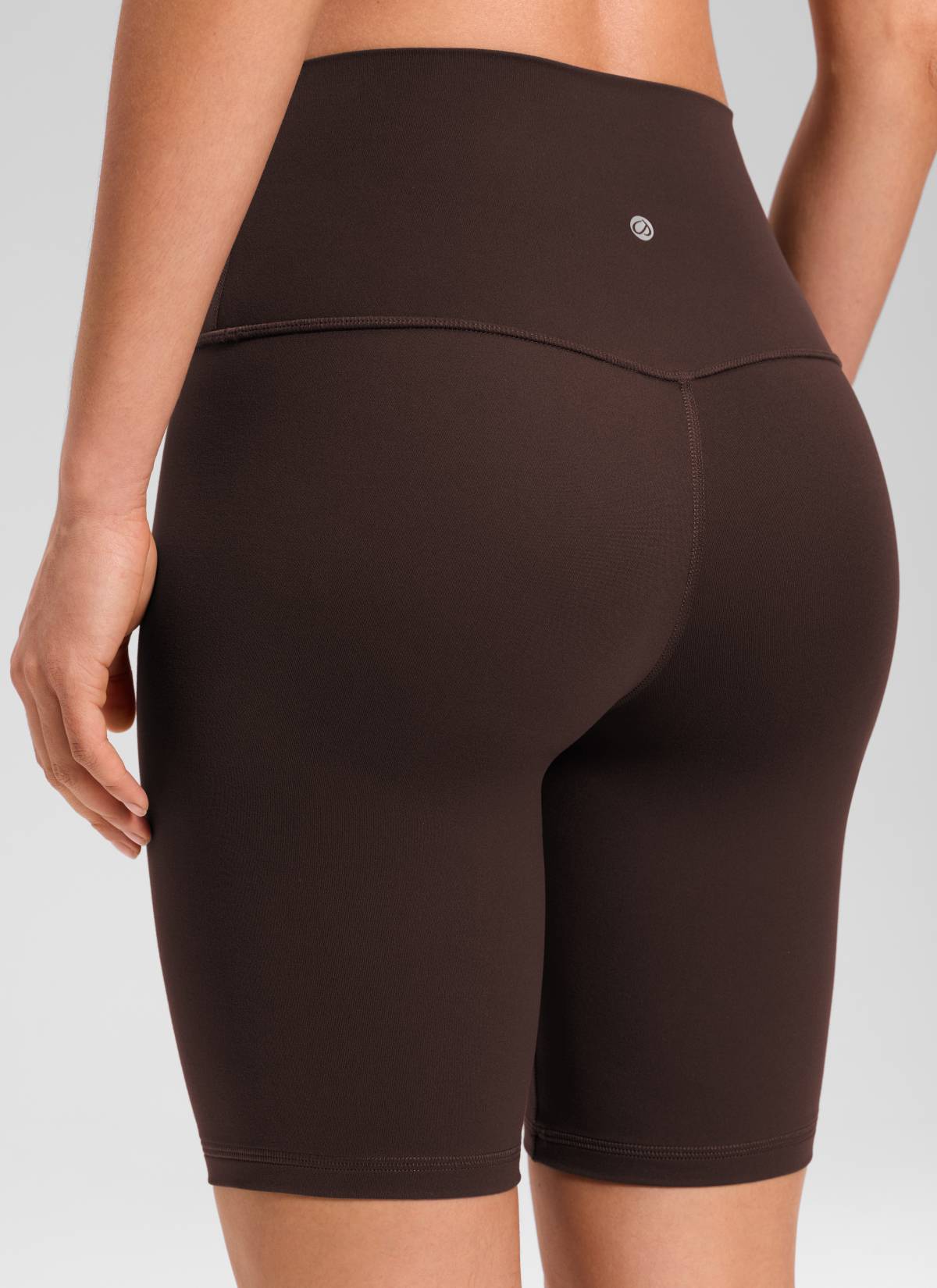 CRZ YOGA Women's Yoga High Rise Butterluxe Long Biker Shorts 8'' Hot Fudge Brown @model_info:Larissa