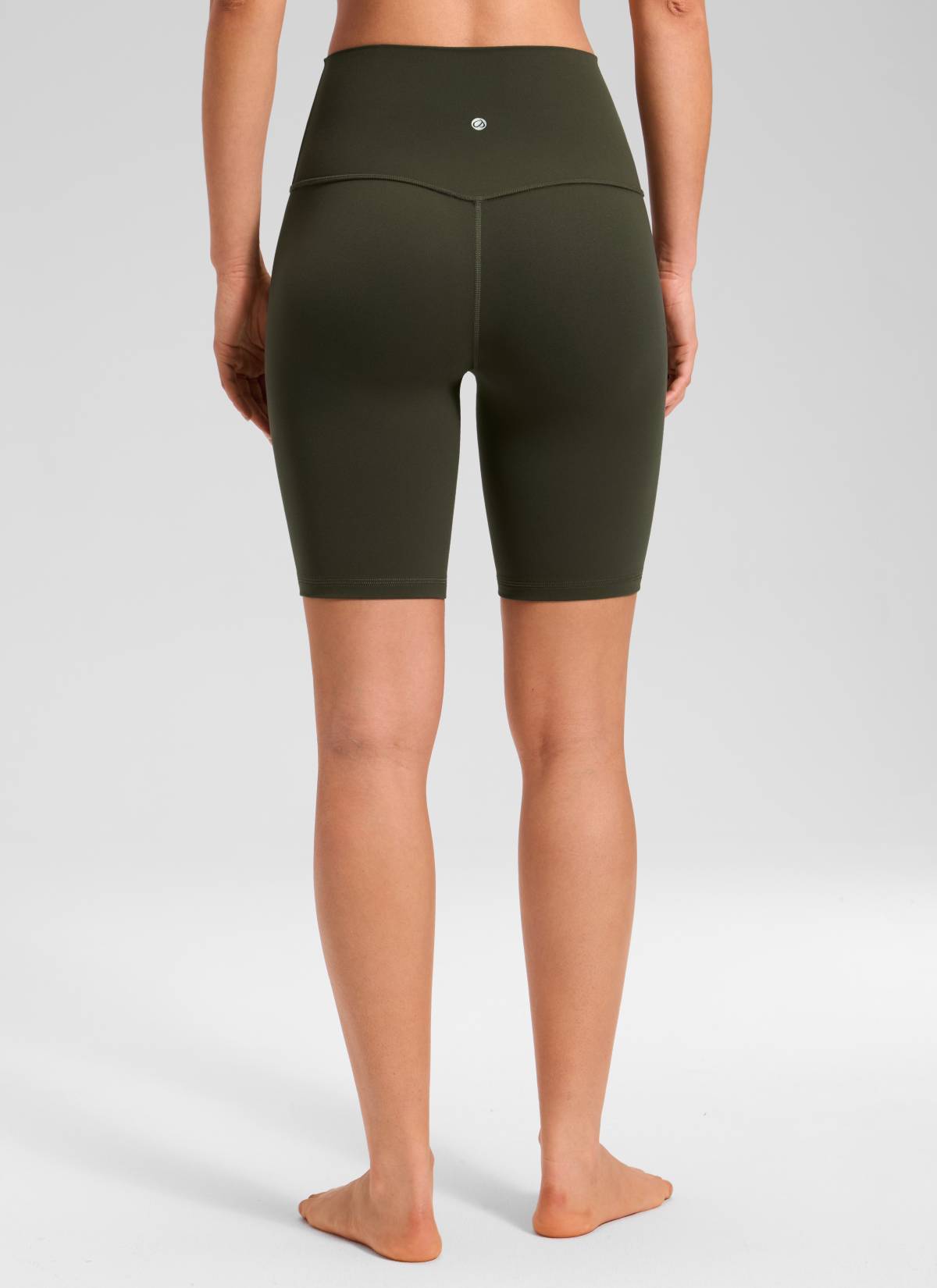 CRZ YOGA Women's Yoga High Rise Butterluxe Long Biker Shorts 8'' Olive Green @model_info:Larissa