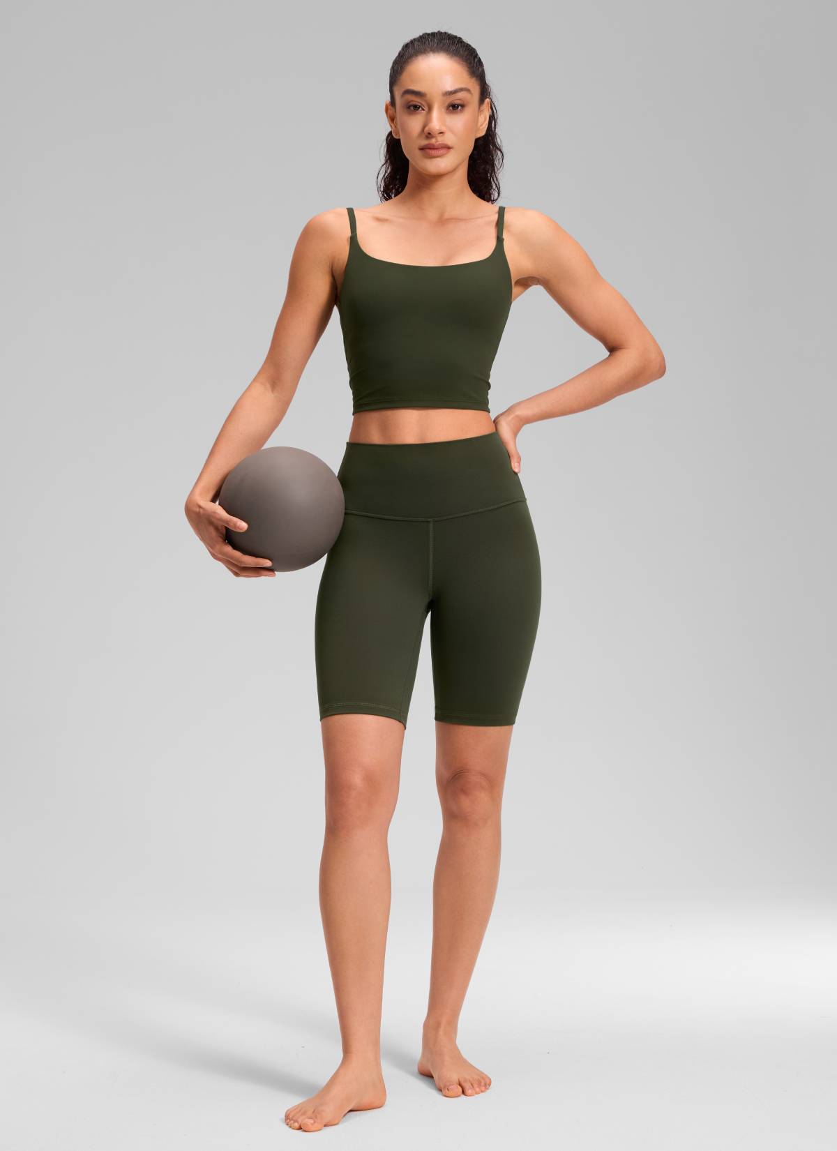 CRZ YOGA Women's Yoga High Rise Butterluxe Long Biker Shorts 8'' Olive Green @model_info:Larissa