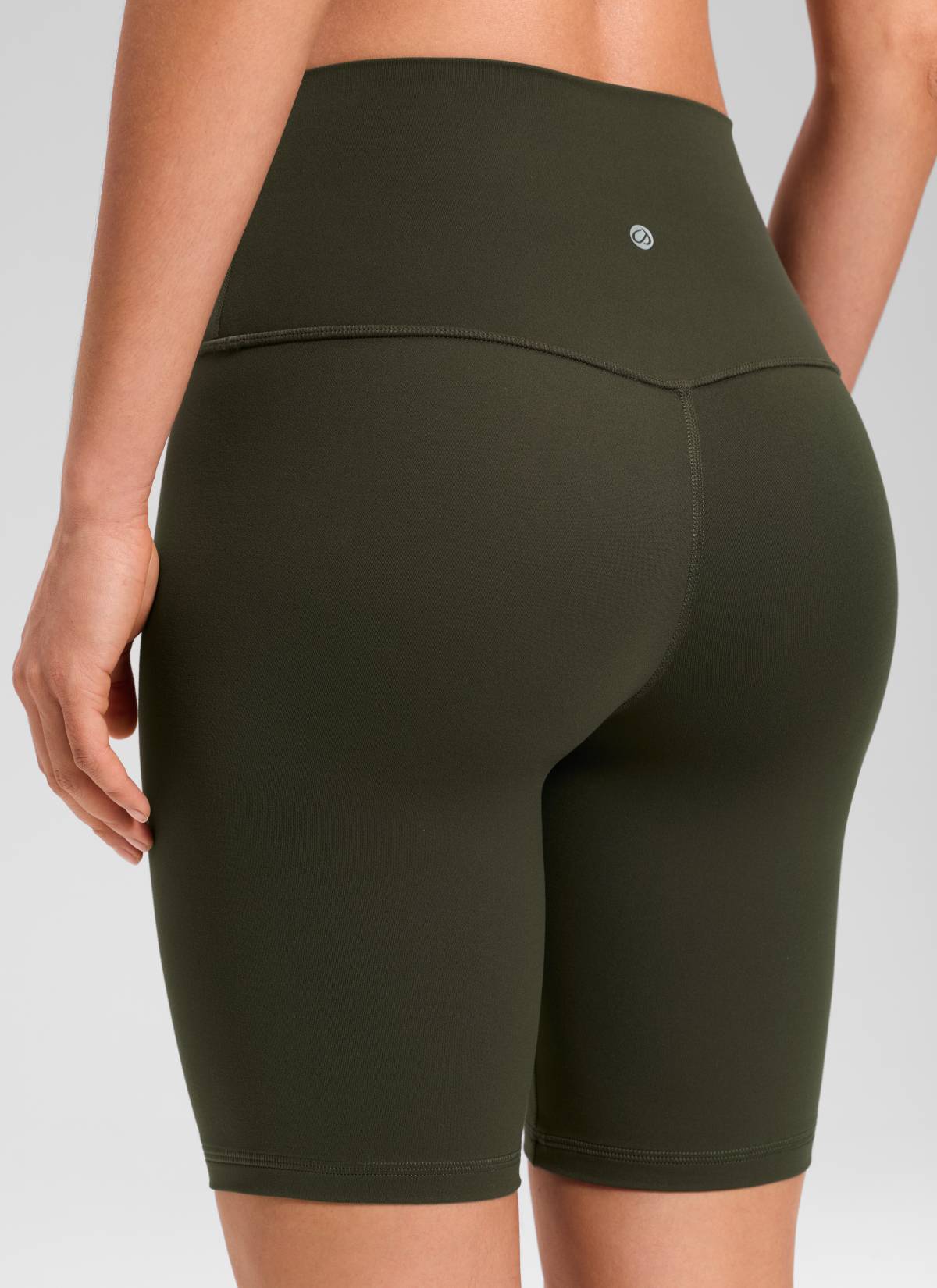 CRZ YOGA Women's Yoga High Rise Butterluxe Long Biker Shorts 8'' Olive Green @model_info:Larissa