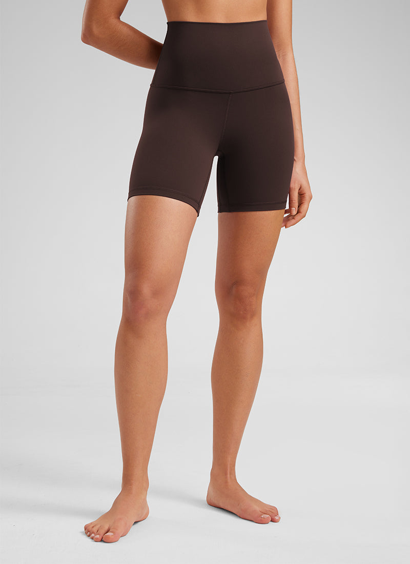 CRZ YOGA Women's Yoga Super High Waist Butterluxe Shorts 6'' Hot Fudge Brown @model_info:Fiona