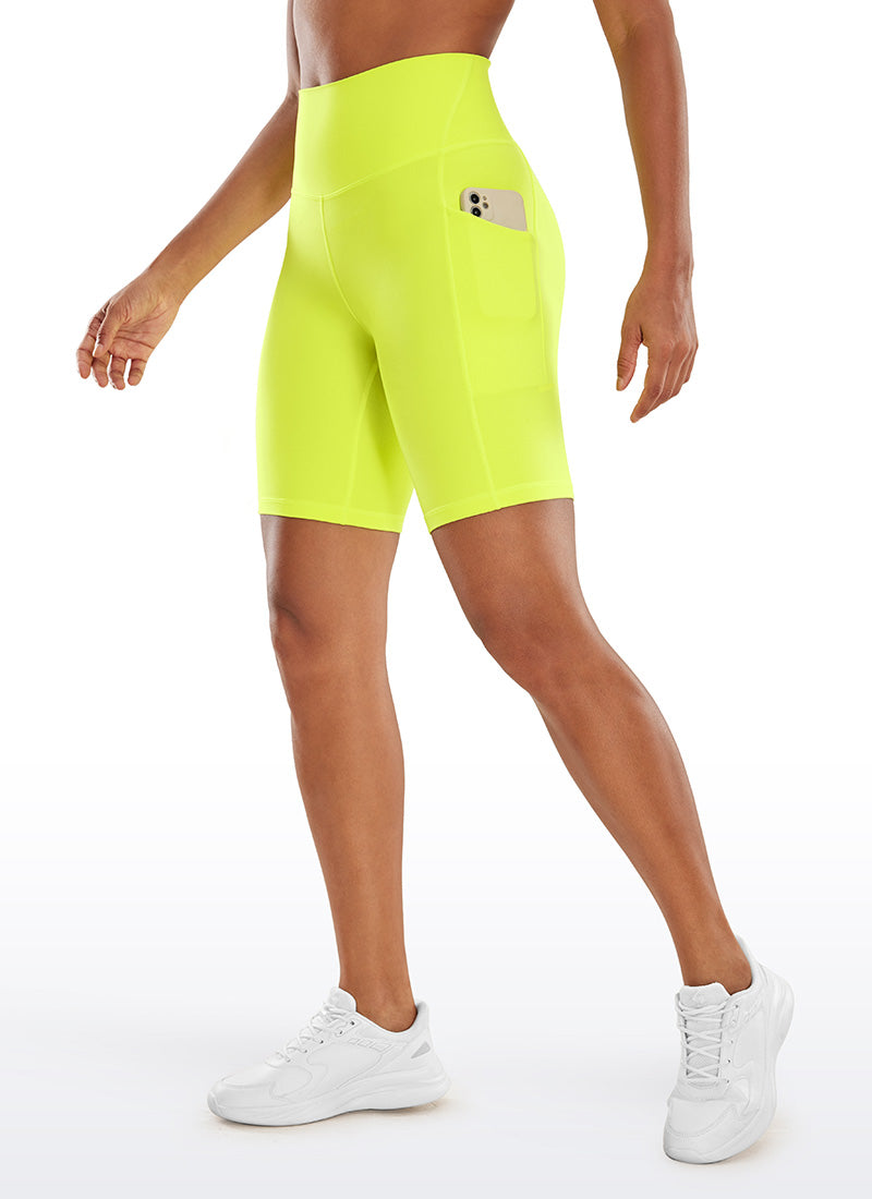 CRZ YOGA Women's Yoga High Rise Biker Butterluxe Pockets Shorts 8'' Neon Yellow @model_info:Gigi
