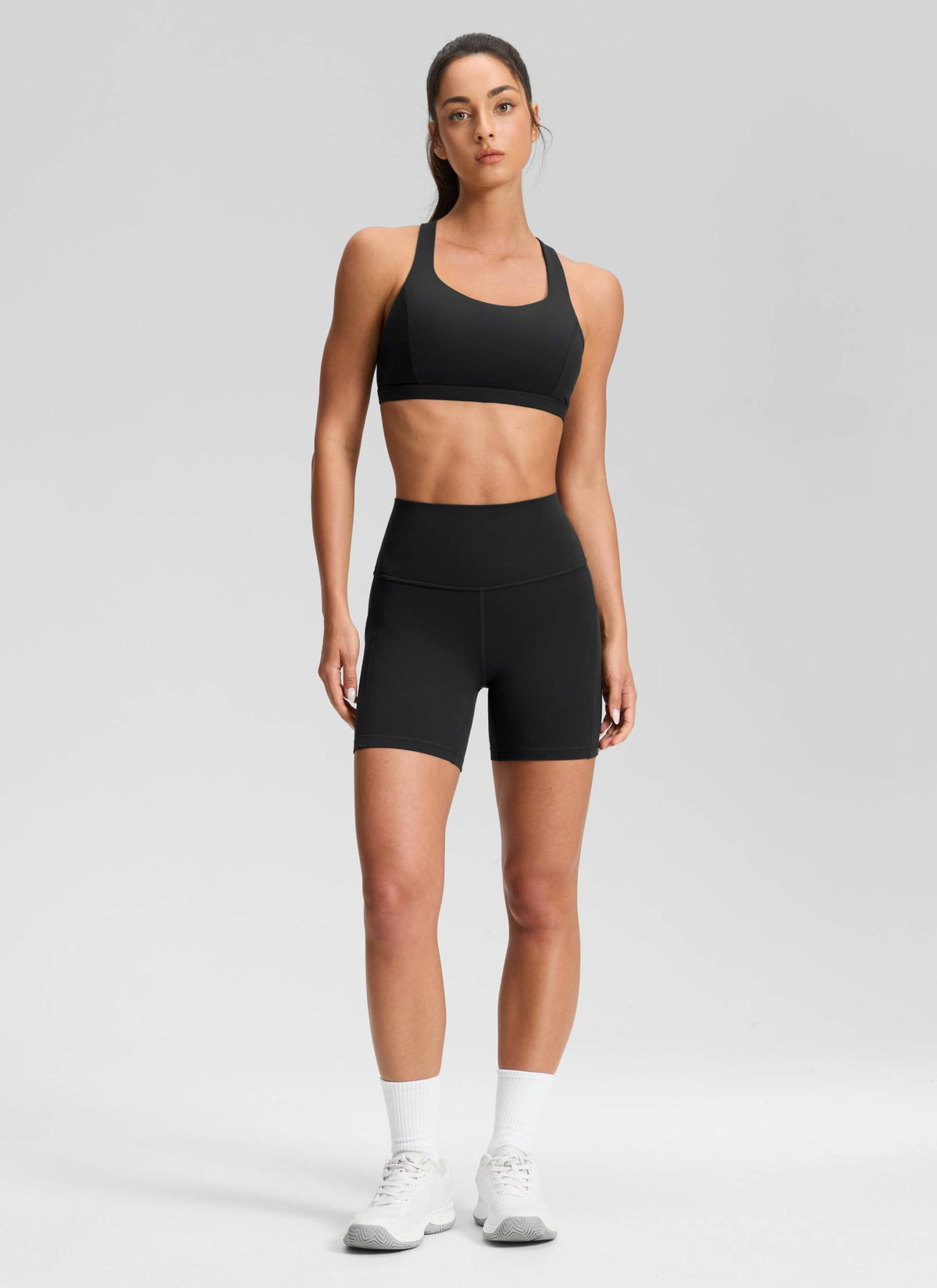 CRZ YOGA Women's Yoga High Rise Biker Butterluxe Pockets Shorts 5'' Black @model_info:Isidora