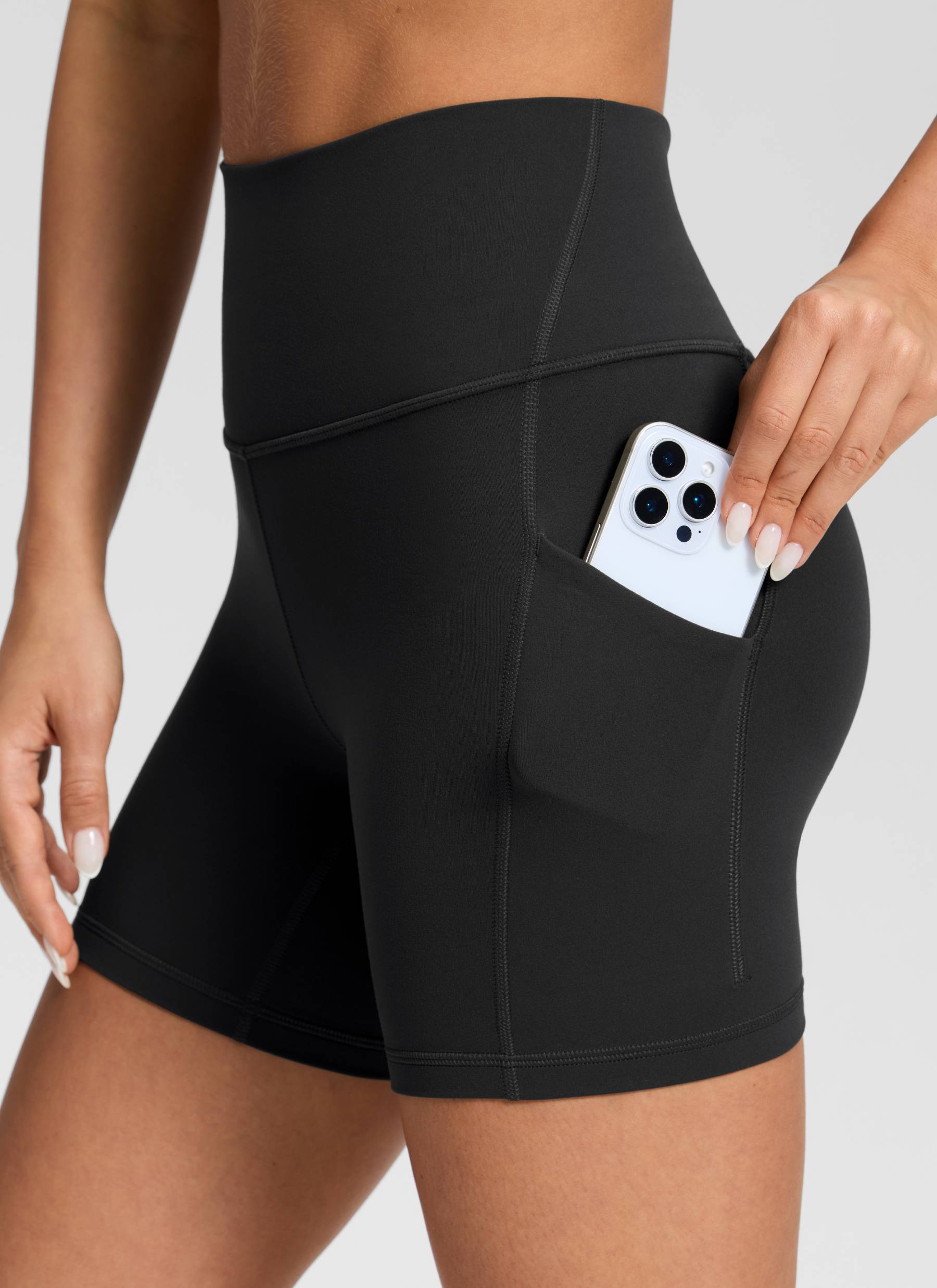 CRZ YOGA Women's Yoga High Rise Biker Butterluxe Pockets Shorts 5'' Black @model_info:Isidora