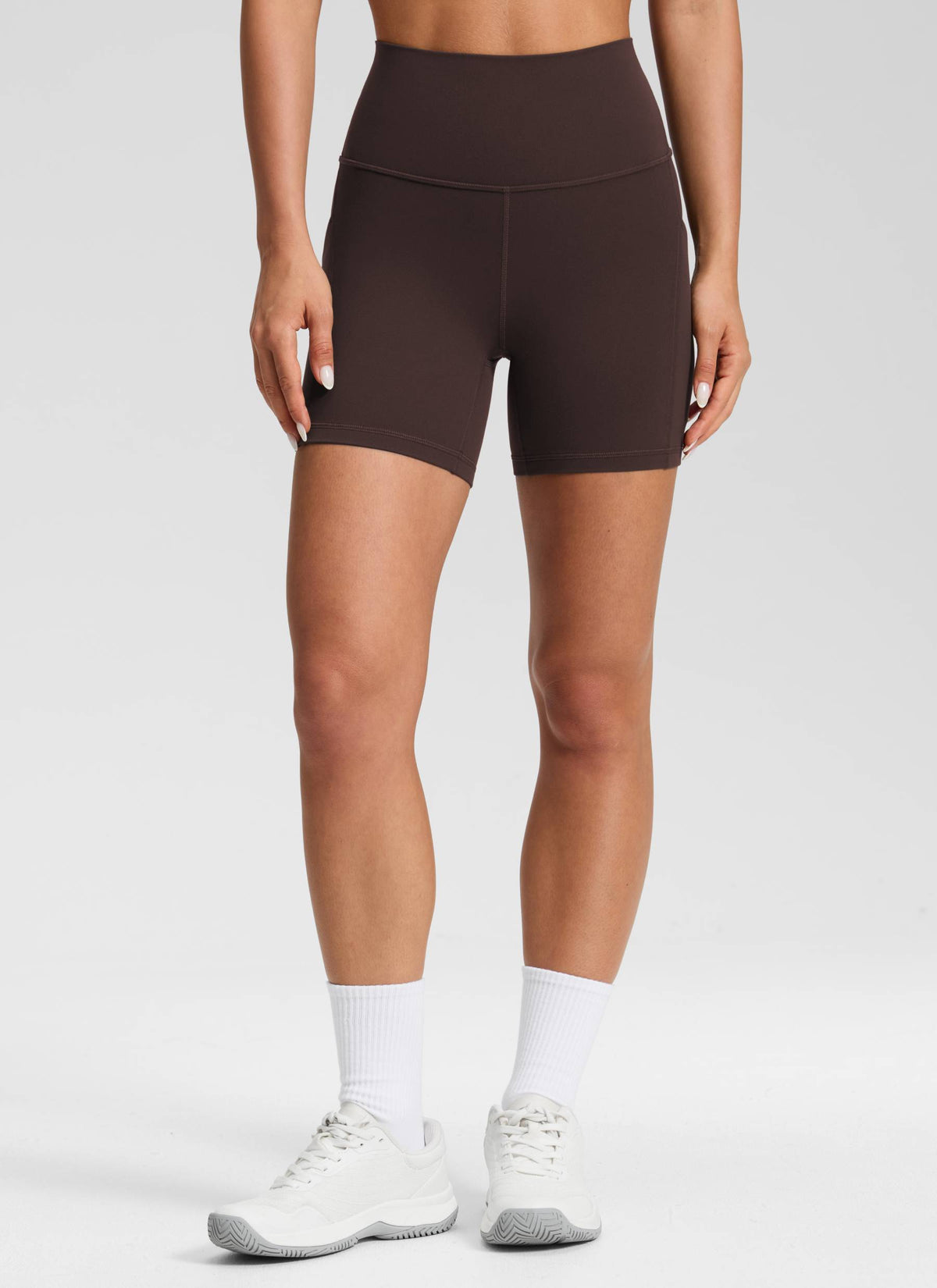 CRZ YOGA Women's Yoga High Rise Biker Butterluxe Pockets Shorts 5'' Hot Fudge Brown @model_info:Isidora