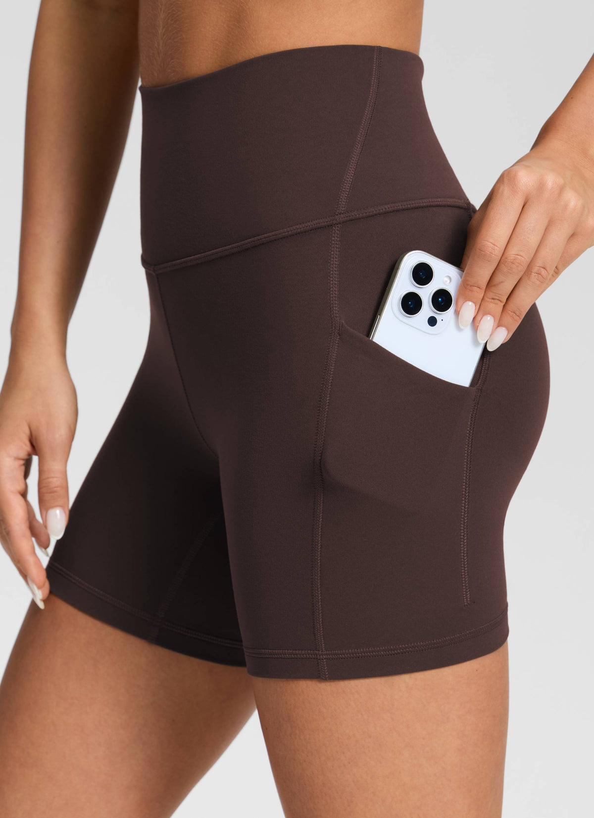 CRZ YOGA Women's Yoga High Rise Biker Butterluxe Pockets Shorts 5'' Hot Fudge Brown @model_info:Isidora