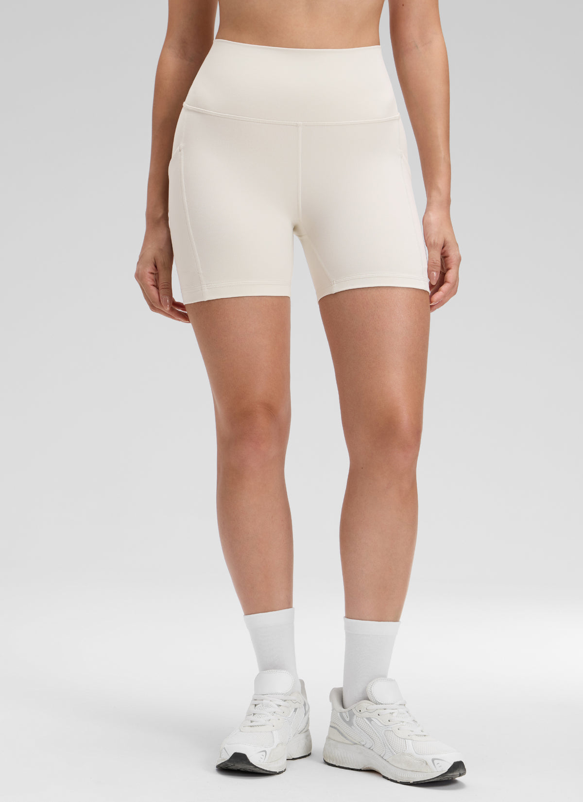 CRZ YOGA Women's Yoga High Rise Biker Butterluxe Pockets Shorts 5'' Milky White @model_info:Bruna