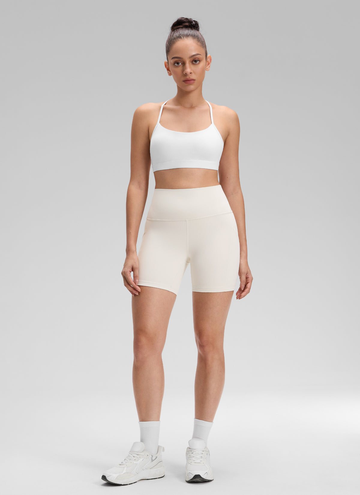 CRZ YOGA Women's Yoga High Rise Biker Butterluxe Pockets Shorts 5'' Milky White @model_info:Bruna