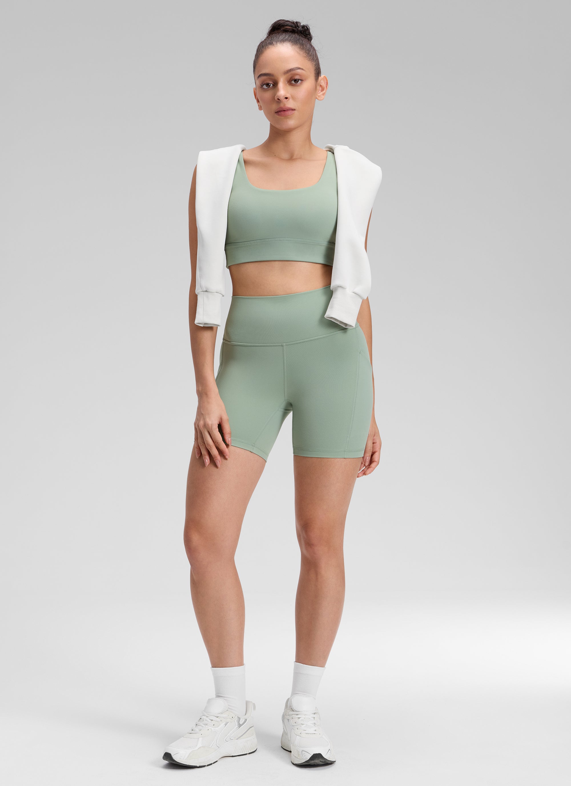 CRZ YOGA Women's Yoga High Rise Biker Butterluxe Pockets Shorts 5'' Green Palm Court @model_info:Bruna