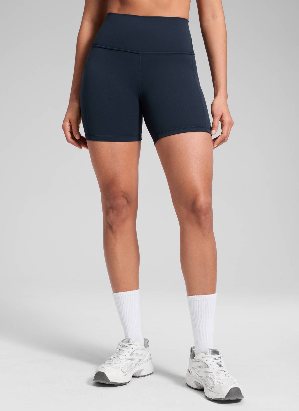 CRZ YOGA Women's Yoga High Rise Biker Butterluxe Pockets Shorts 5'' True Navy @model_info:Dany