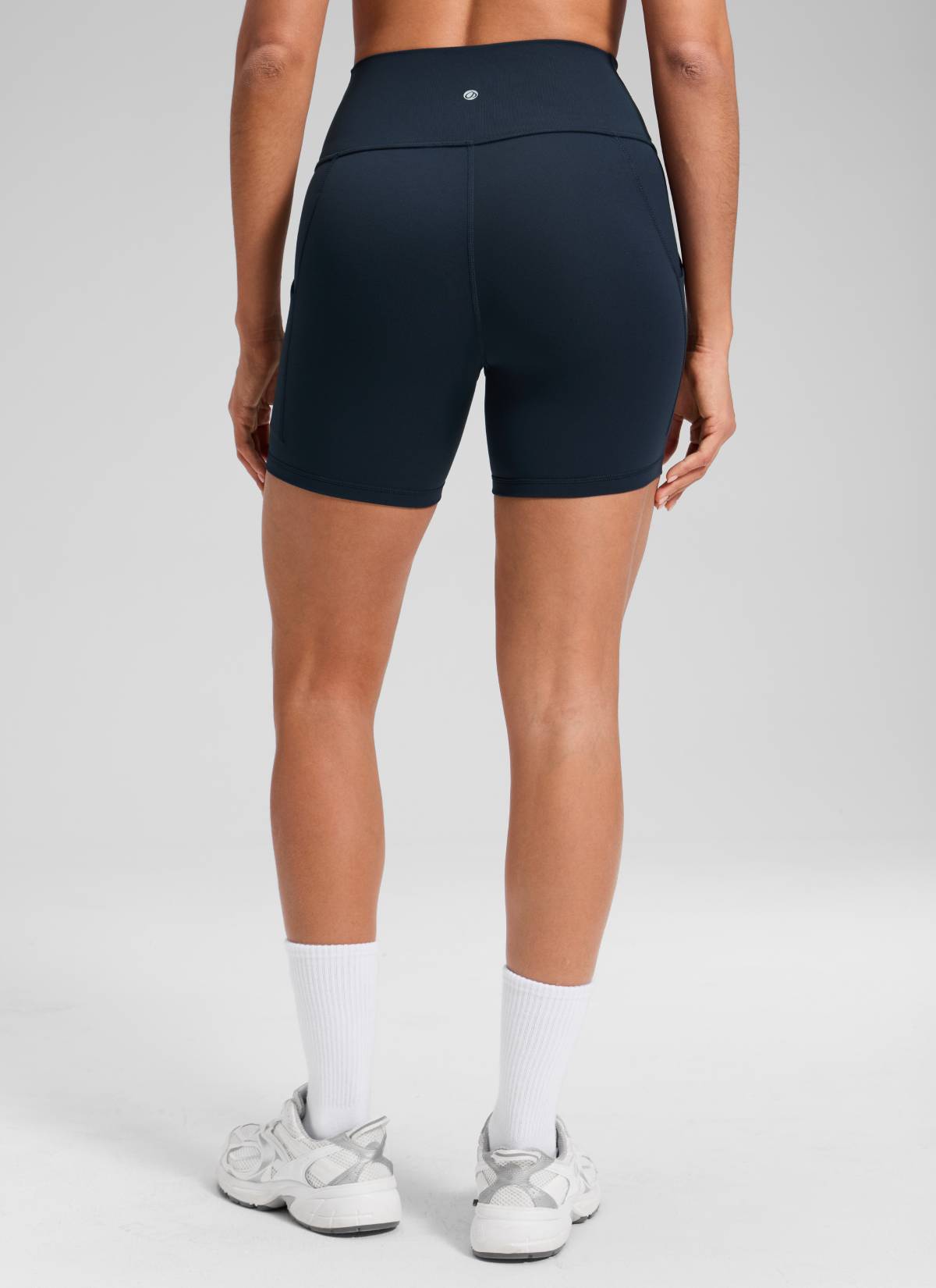 CRZ YOGA Women's Yoga High Rise Biker Butterluxe Pockets Shorts 5'' True Navy @model_info:Dany