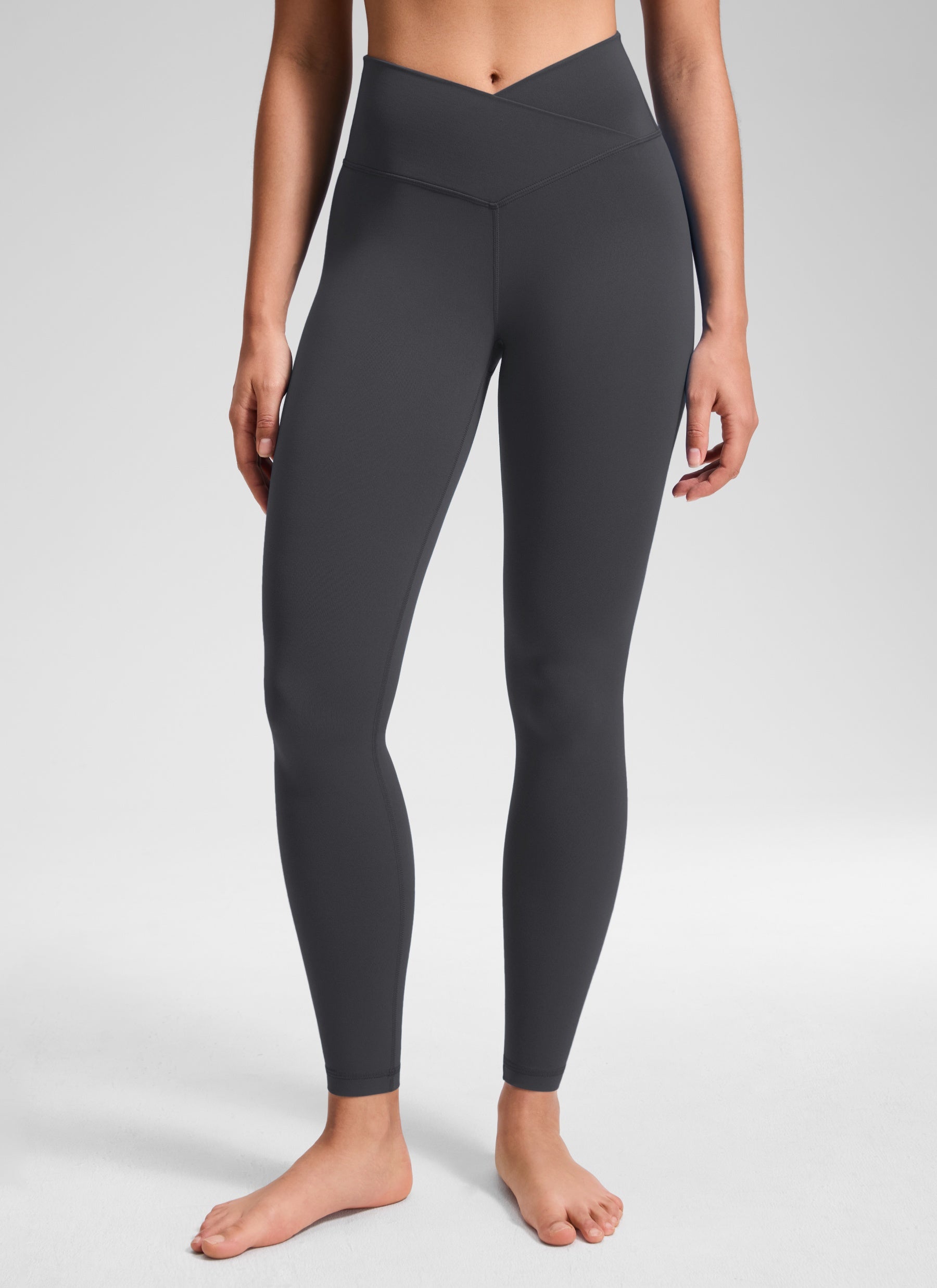 CRZ YOGA Women's High Rise Butterluxe Yoga Leggings 28'' V Cross Waist Mysterious Grey @model_info:Fiona