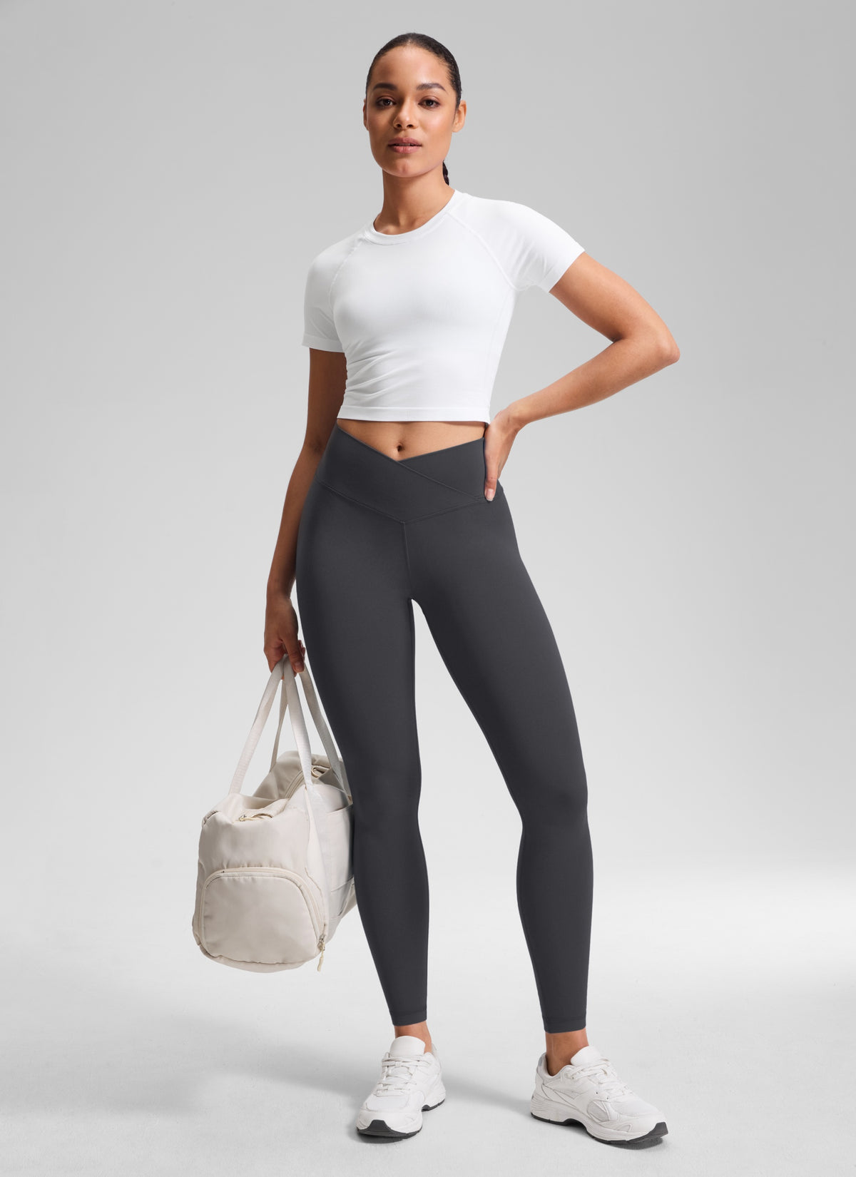 CRZ YOGA Women's High Rise Butterluxe Yoga Leggings 28'' V Cross Waist Mysterious Grey @model_info:Fiona