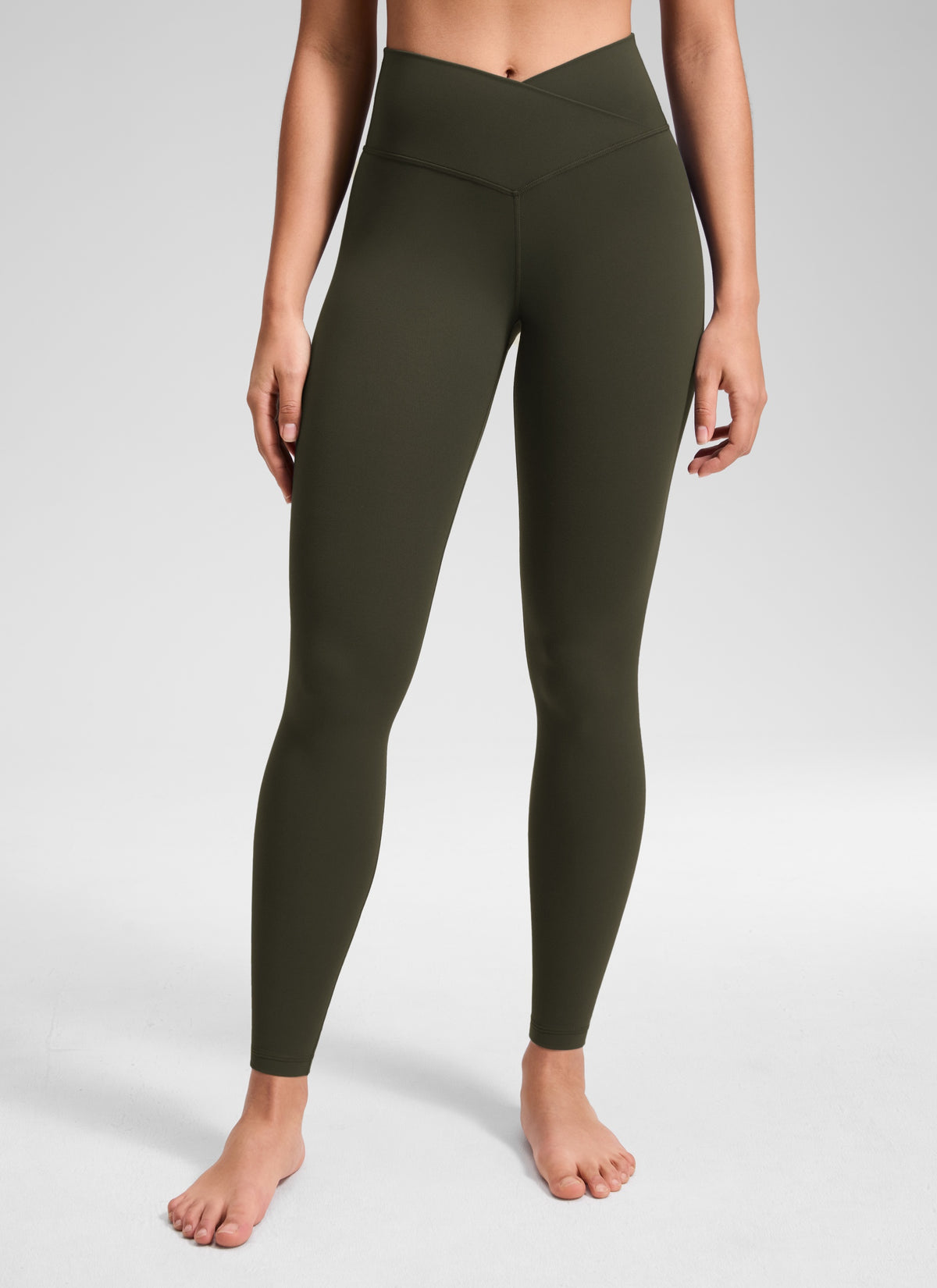 CRZ YOGA Women's High Rise Butterluxe Yoga Leggings 28'' V Cross Waist Olive Green @model_info:Fiona