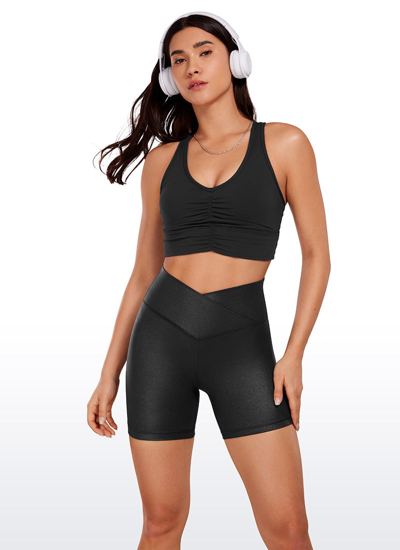 CRZ YOGA Women's High Rise Butterluxe V Cross Waist Biker Shorts 5'' Black Classic Leather @model_info:Gabri