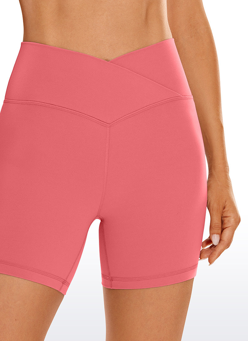 CRZ YOGA Women's High Rise Butterluxe V Cross Waist Biker Shorts 5'' Raspberry Sorbet @model_info:Natali