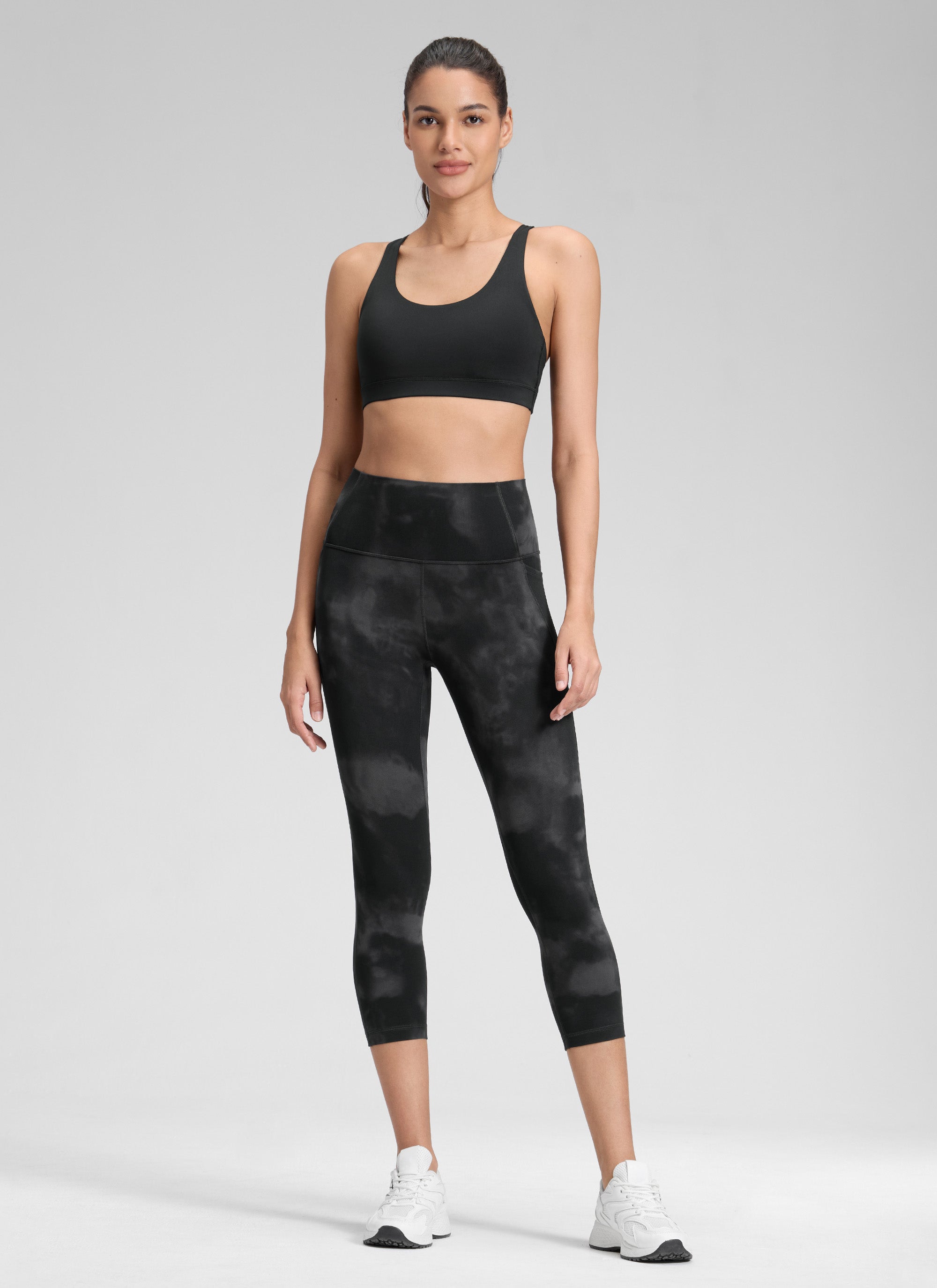 CRZ YOGA Women's Yoga High Rise Butterluxe Capri with Pockets 21'' Black Tie Dye Flowers