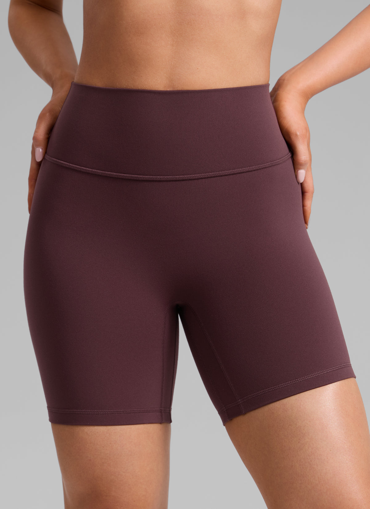 CRZ YOGA Butterlift Womens Scrunch Butt Biker Shorts 6'' No Front Seam Ripe Plum @model_info:Mariana