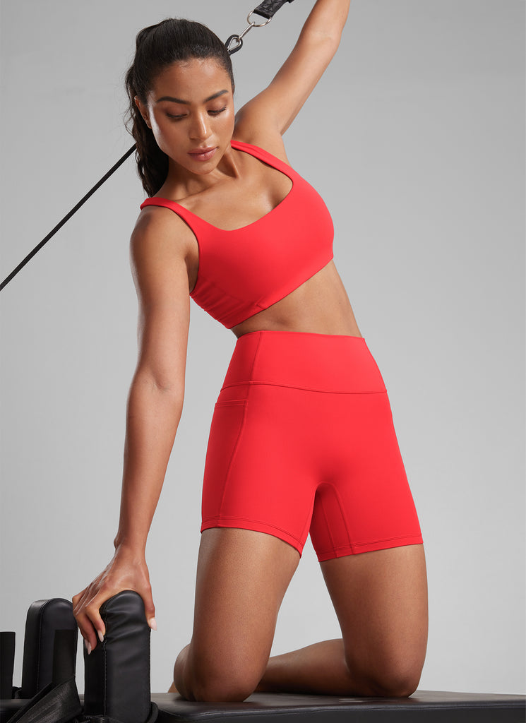 CRZ YOGA Butterlift Womens Scrunch Butt No Front Seam Pocket Biker Shorts 5'' Deep Red