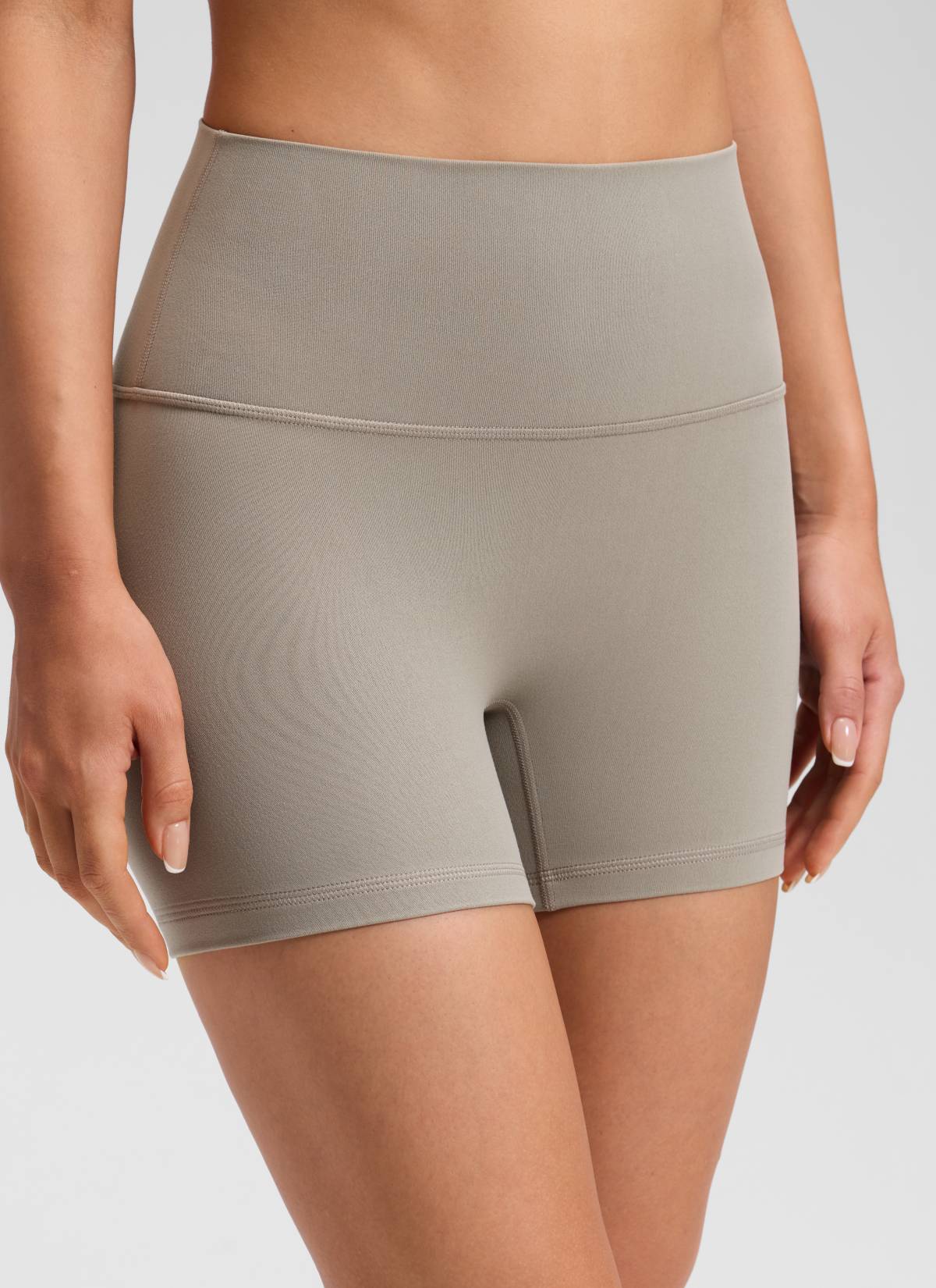 CRZ YOGA Women's Butterluxe Yoga High Rise No Front Seam Shorts 4'' Warm Ash Grey @model_info:Milena