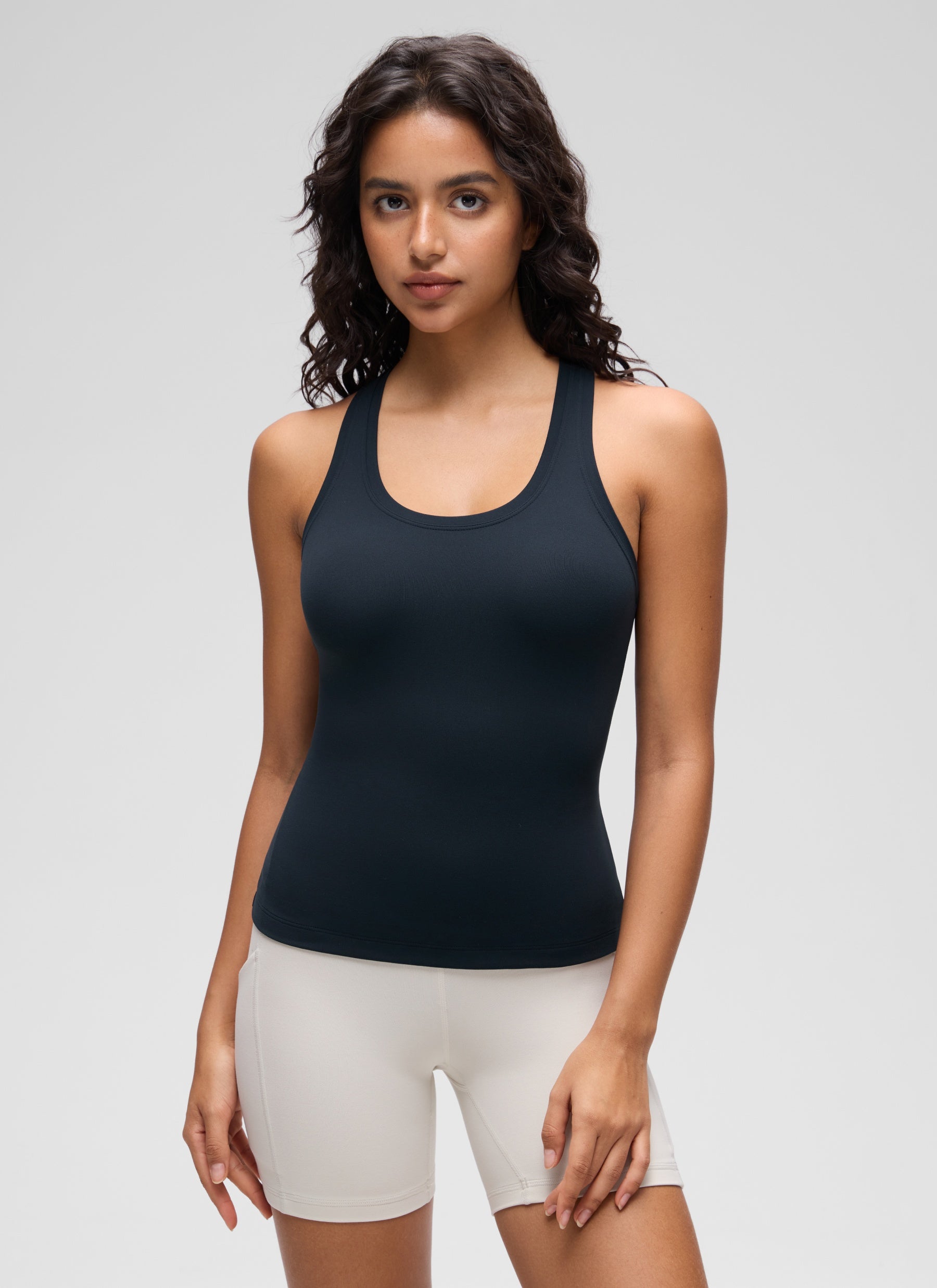 CRZ YOGA Women's Yoga Tight Fit Butterluxe Crewneck Tank Top Racerback True Navy @model_info:Liss