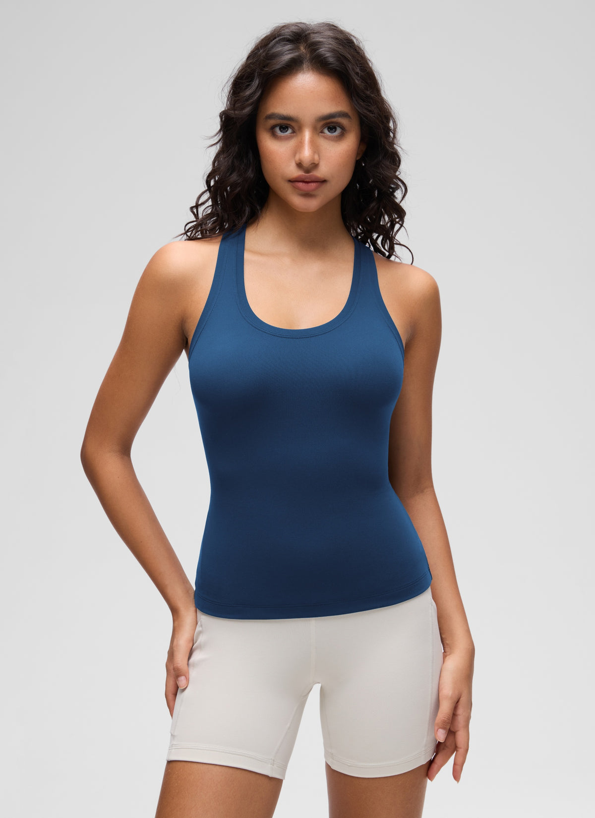 CRZ YOGA Women's Yoga Tight Fit Butterluxe Crewneck Tank Top Racerback French Navy @model_info:Liss