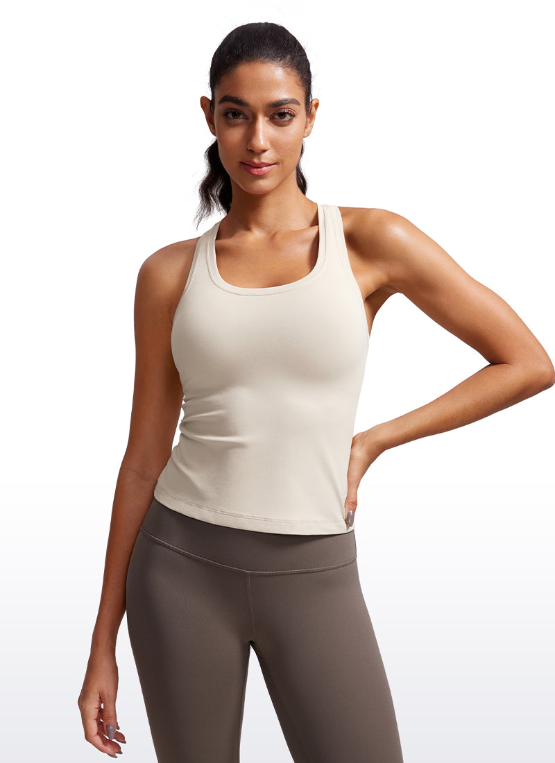 CRZ YOGA Women's Yoga Tight Fit Butterluxe Crewneck Tank Top Racerback Mojave Tan @model_info:Amanda